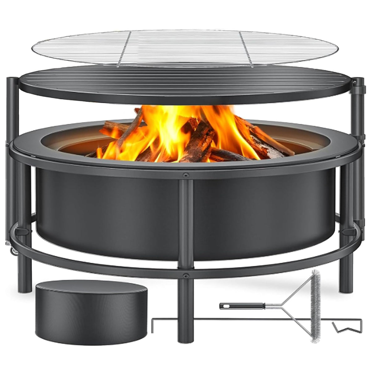 TMWINGS Large Outdoor Fire Pit with Poker, Round Wood Burning Firepit Bowl