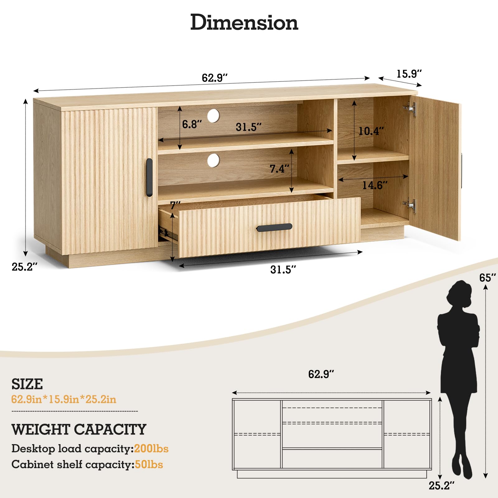 Fluted TV Stand with Storage Cabinets & Drawer, Fits TVs Up to 70"