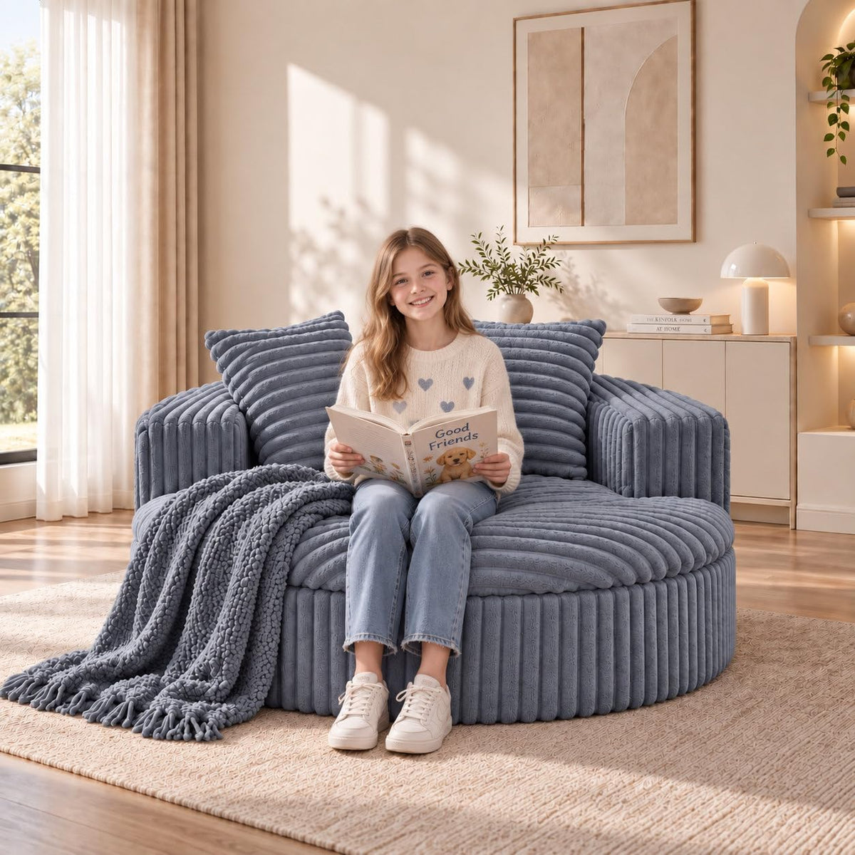 YDN 52" Oversized Round Boneless Chair, Corduroy Reading Lounge Chair, Gray