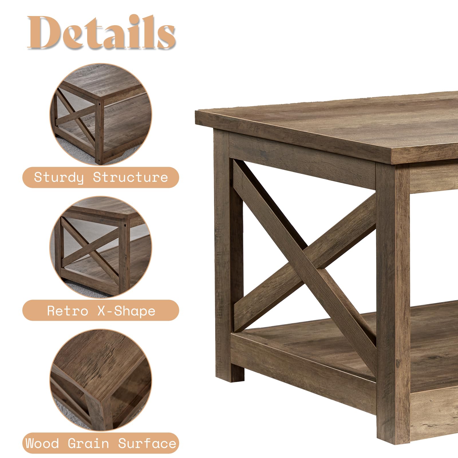 AMERLIFE 3-Piece Farmhouse Table Set Includes Coffee Table& Two End Tables, Side Table with Charging Station and USB Ports, for Living Room, Barnwood