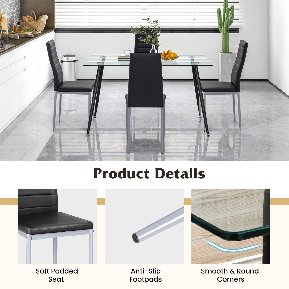 GIANTEX Dining Table Set for 4, Kitchen Table Chairs Set with 51” Rectangle Glass Table, 4 Padded Dining Chairs, Metal Structure, Dinette Table for Breakfast Nook, Living Room, Restaurant, Black