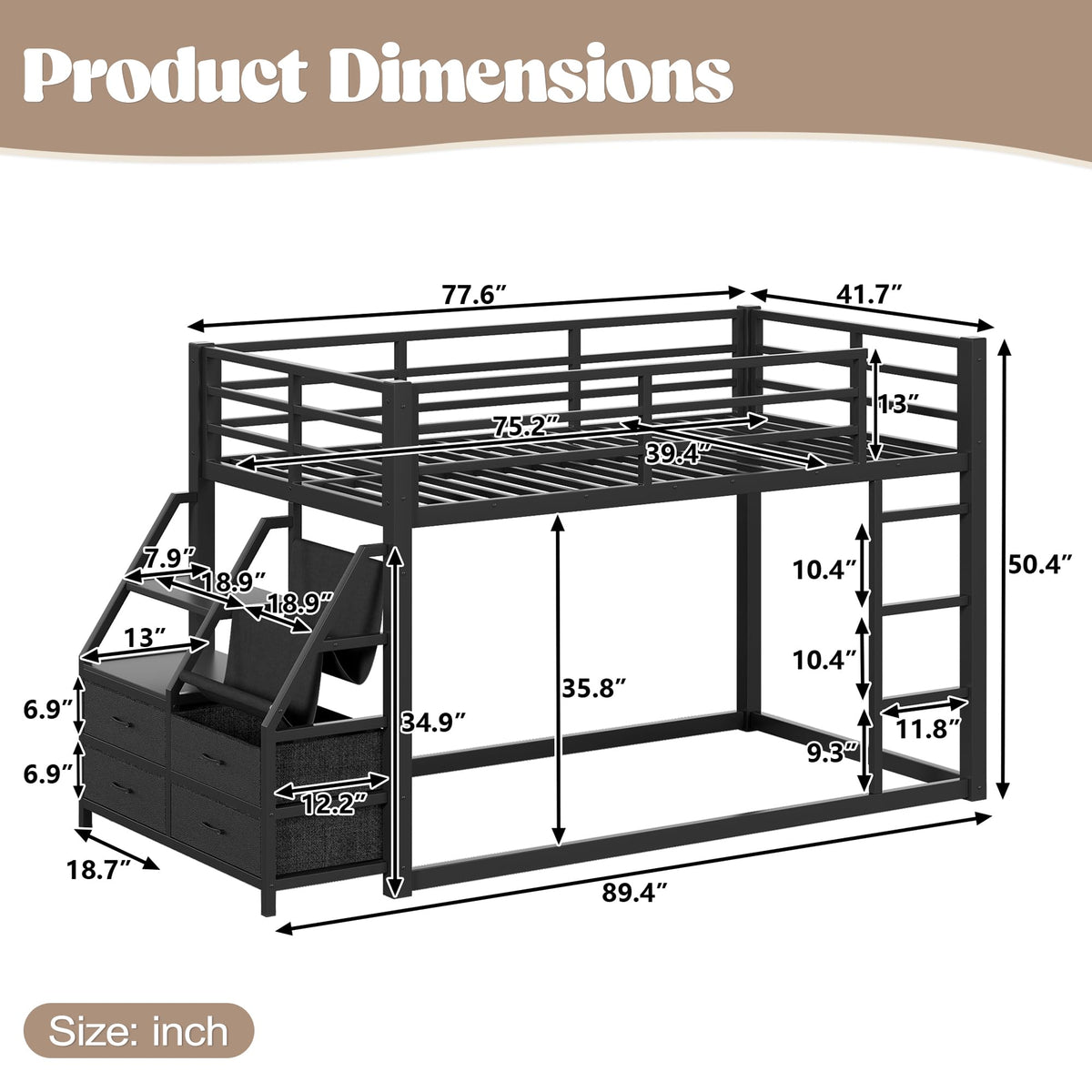Twin Metal Bunk Bed with Storage & LED Lights