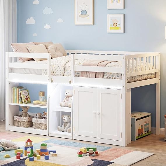 Twin Size Low Loft Bed with LED Lights, Storage Cabinet & Bookshelf