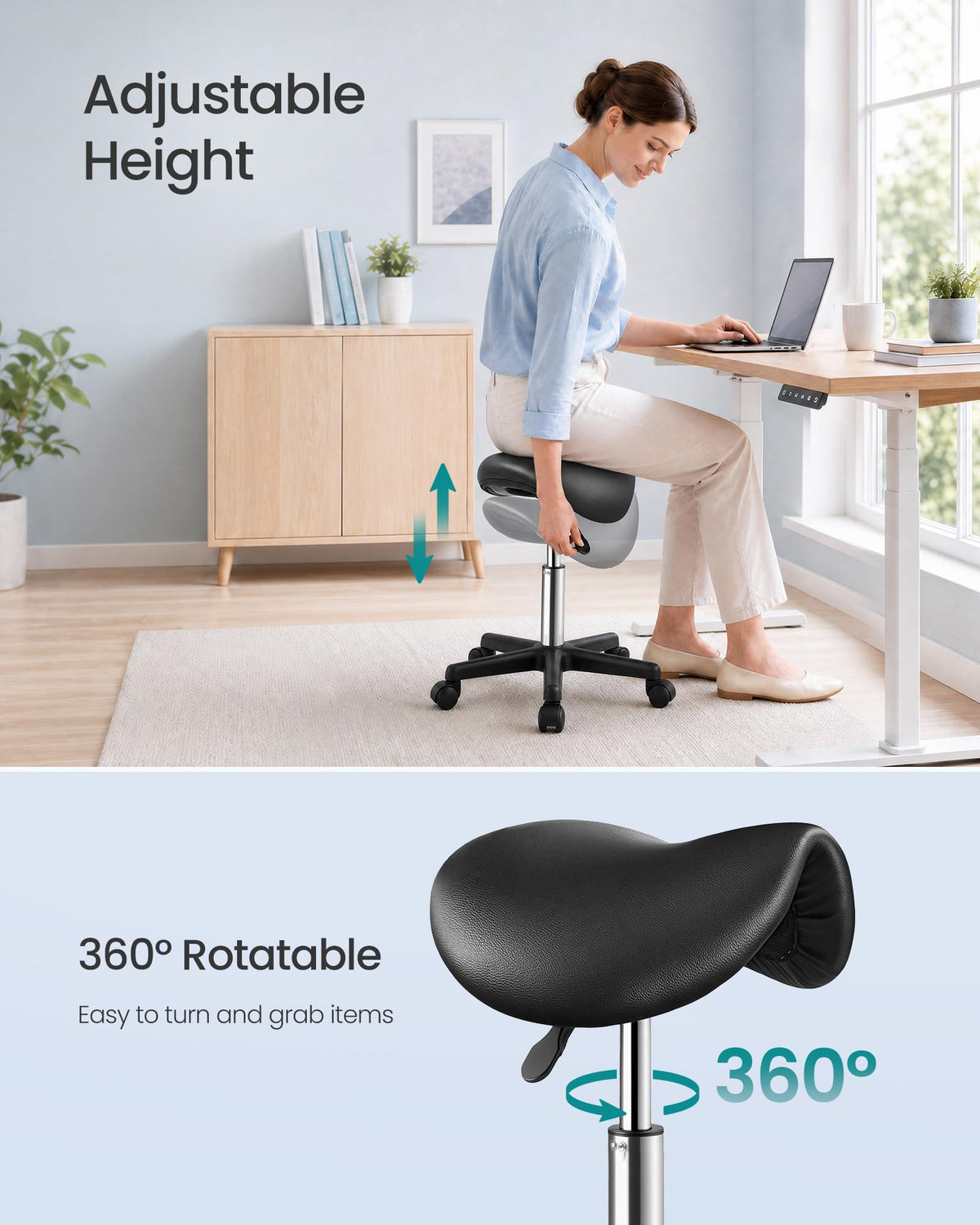 SONGMICS Ergonomic Saddle Stool with Wheels, Rolling Stool