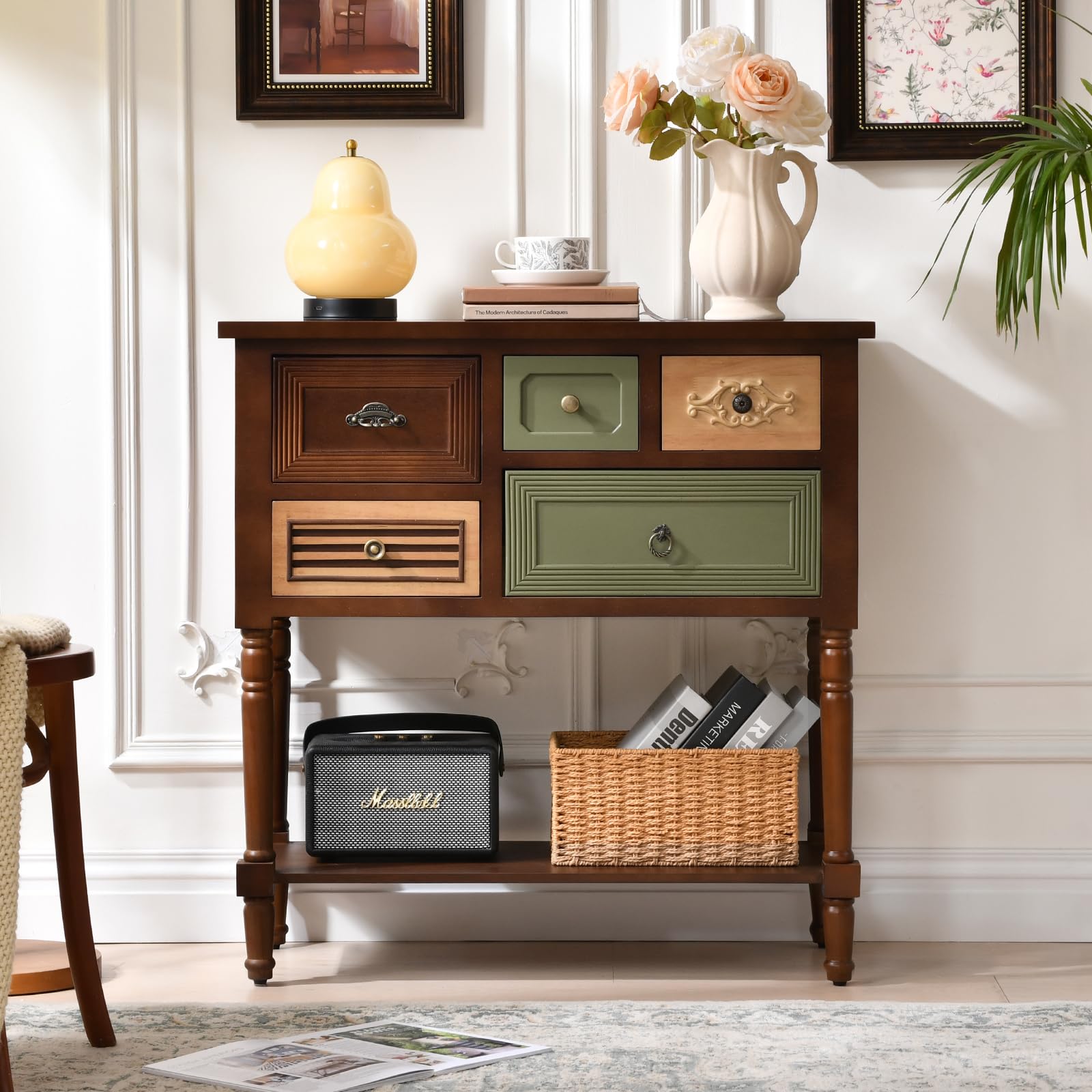 Vintage Accent Cabinet with Drawers & Open Shelf