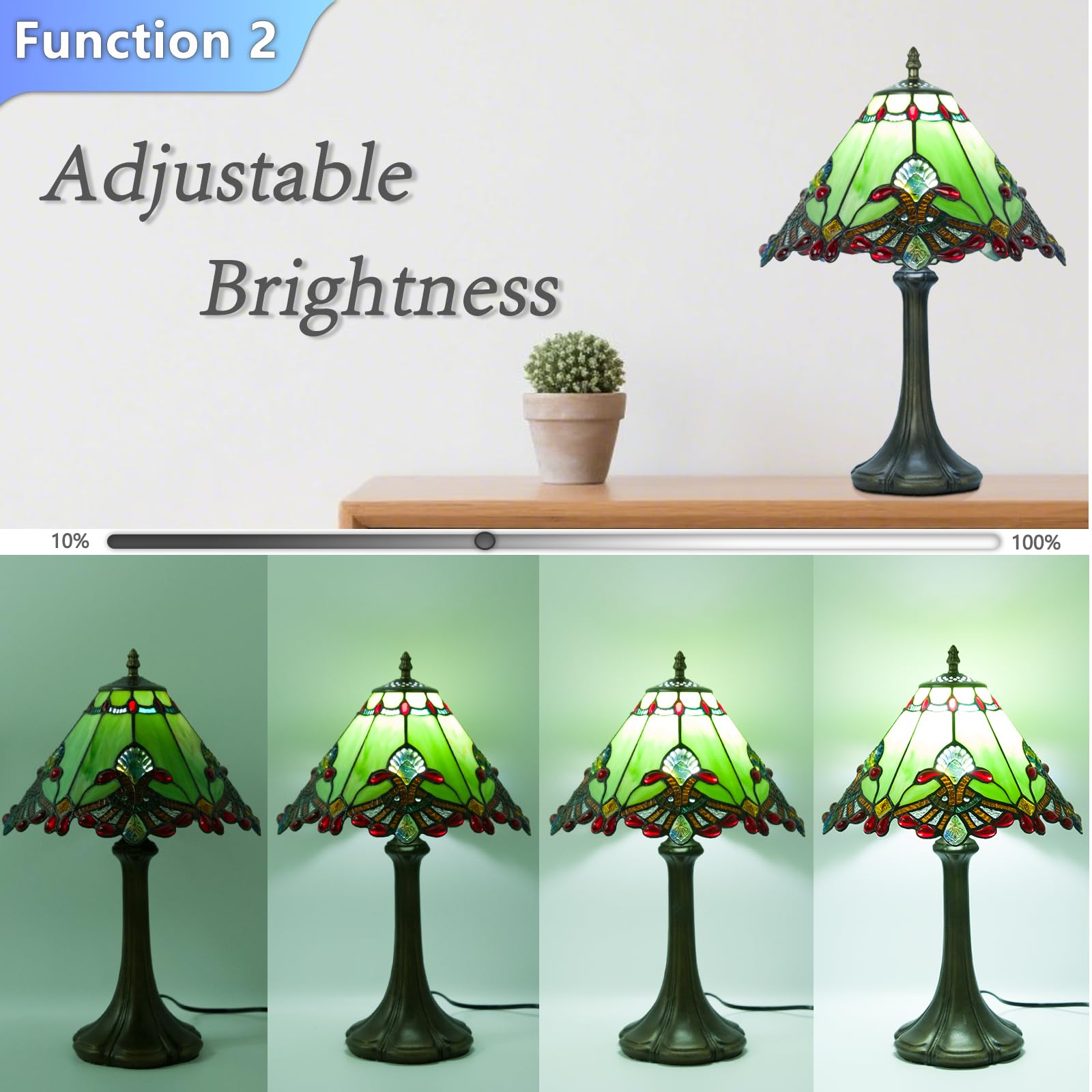 JHuiLap 12 Inch Tiffany Style Table Lamp, Baroque Stained Glass Lamp with Remote Control, Stepless Dimmable & 3 Color Temperatures, Desk Lamps for Bedroom Farmhouse Bedside Nightstand Bedside（Green