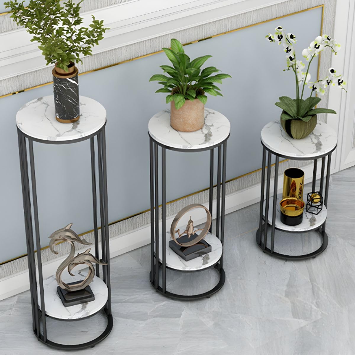 LAKIQ Round Plant Stand Stone Top Metal Frame Indoor Tall Plant Flower Shelf 2 Tiers Plant Table Plant Flower Holders for Corner Patio Garden Living Room Balcony(Black,12" L x 12" W x 27.5" H)