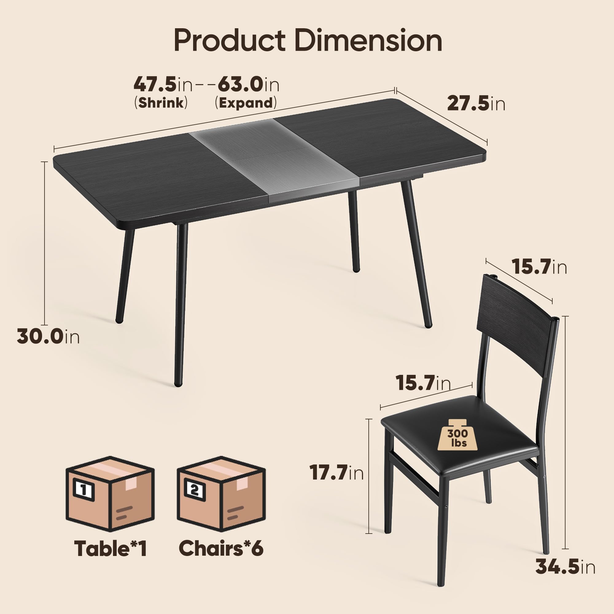 Ahomly 7-Piece Extendable Dining Table Set with 6 Padded Chairs, 63" Dining Table Set for 4-6, Kitchen Table Set with MDF Board & Metal Frame, for Small Space, Kitchen, Apartment, Black
