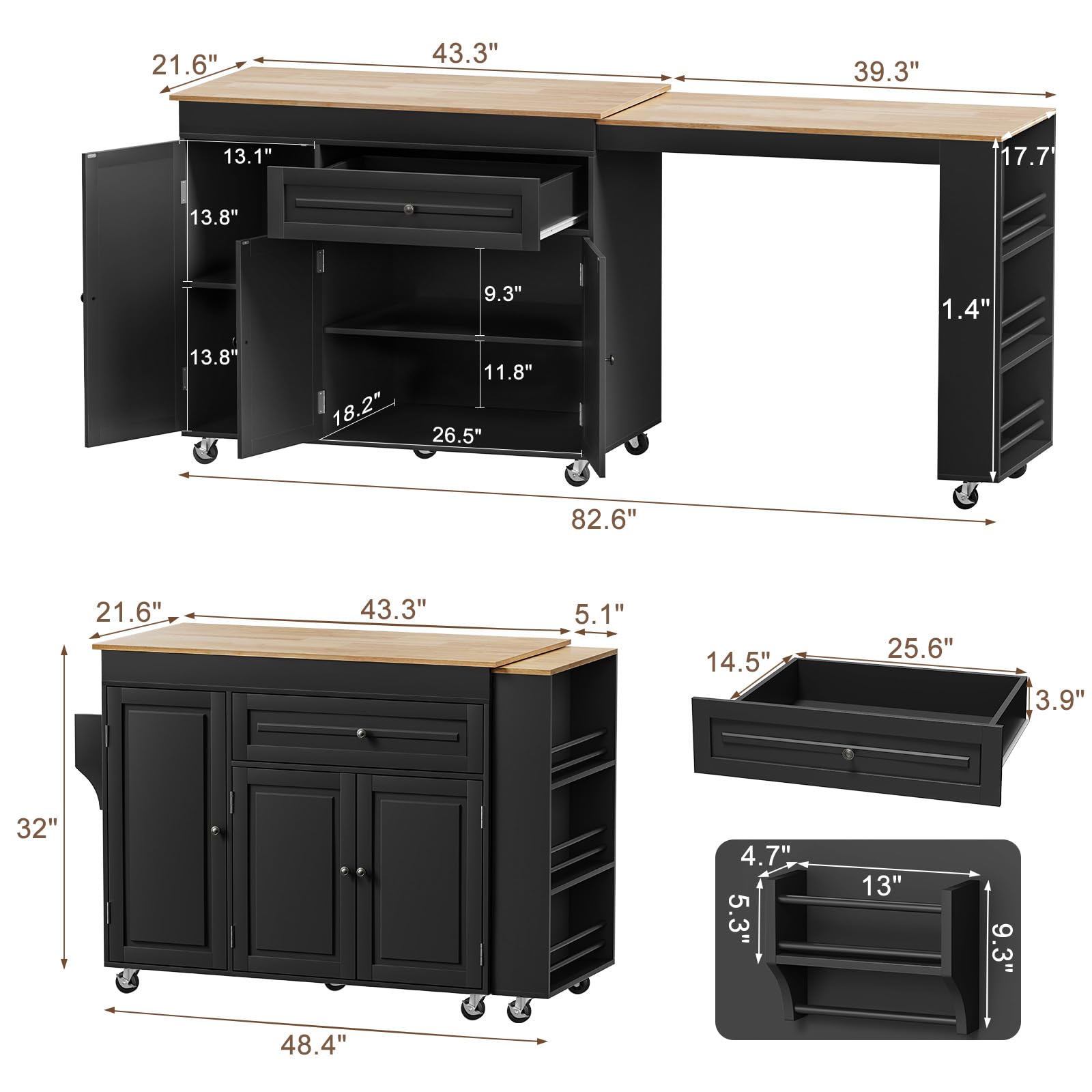 Rymeera 83" Expandable Kitchen Island on Wheels with Storage & Dining Table, Mobile Kitchen Cart with Cabinet, 3 Shelves & Drawers, Black (Extends from 48.4" to 82.6") (Black)