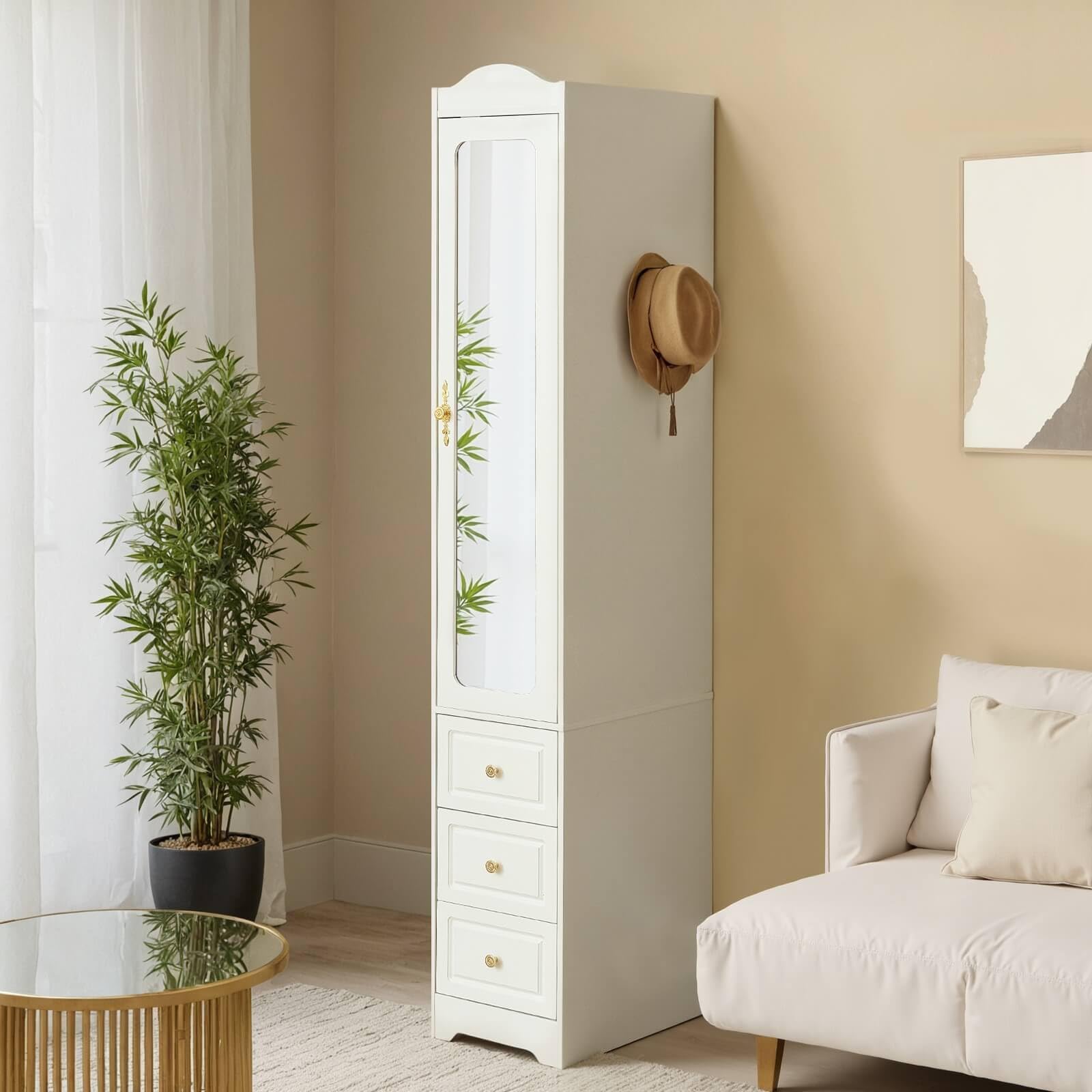 JanflyHome Armoire Wardrobe Closet, White Bedroom Armoires Cabinet with Mirror Door and 3 Drawers, 69.5" H Clothing Storage Cabinet with Hanging Rod & Sensor Light for Bedroom-Right