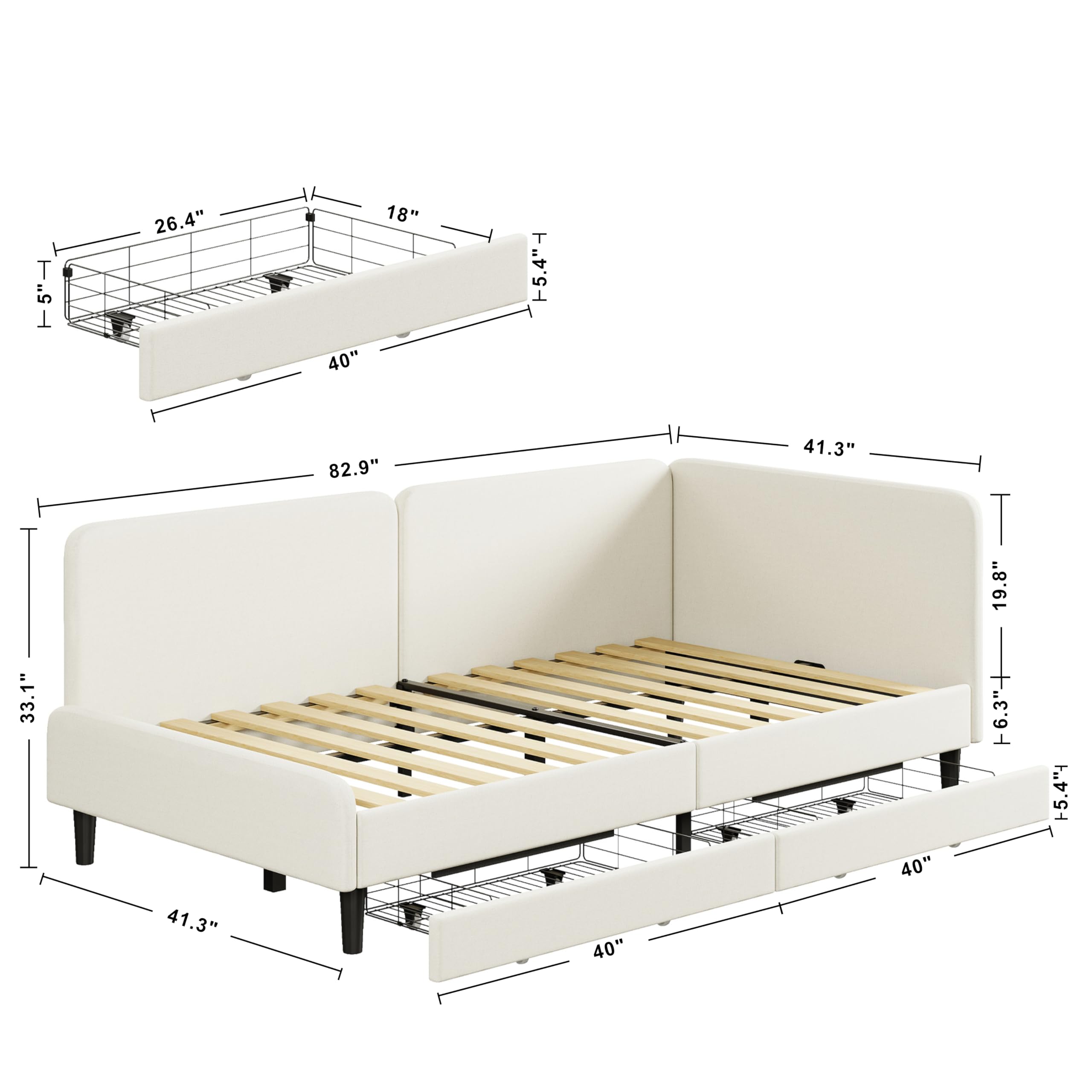 LIKIMIO Twin XL Daybed with Headboard, Corner Bed Frame with Bed Rails and Storage Drawers, Solid Support, for Bedroom Guest Room, Cream