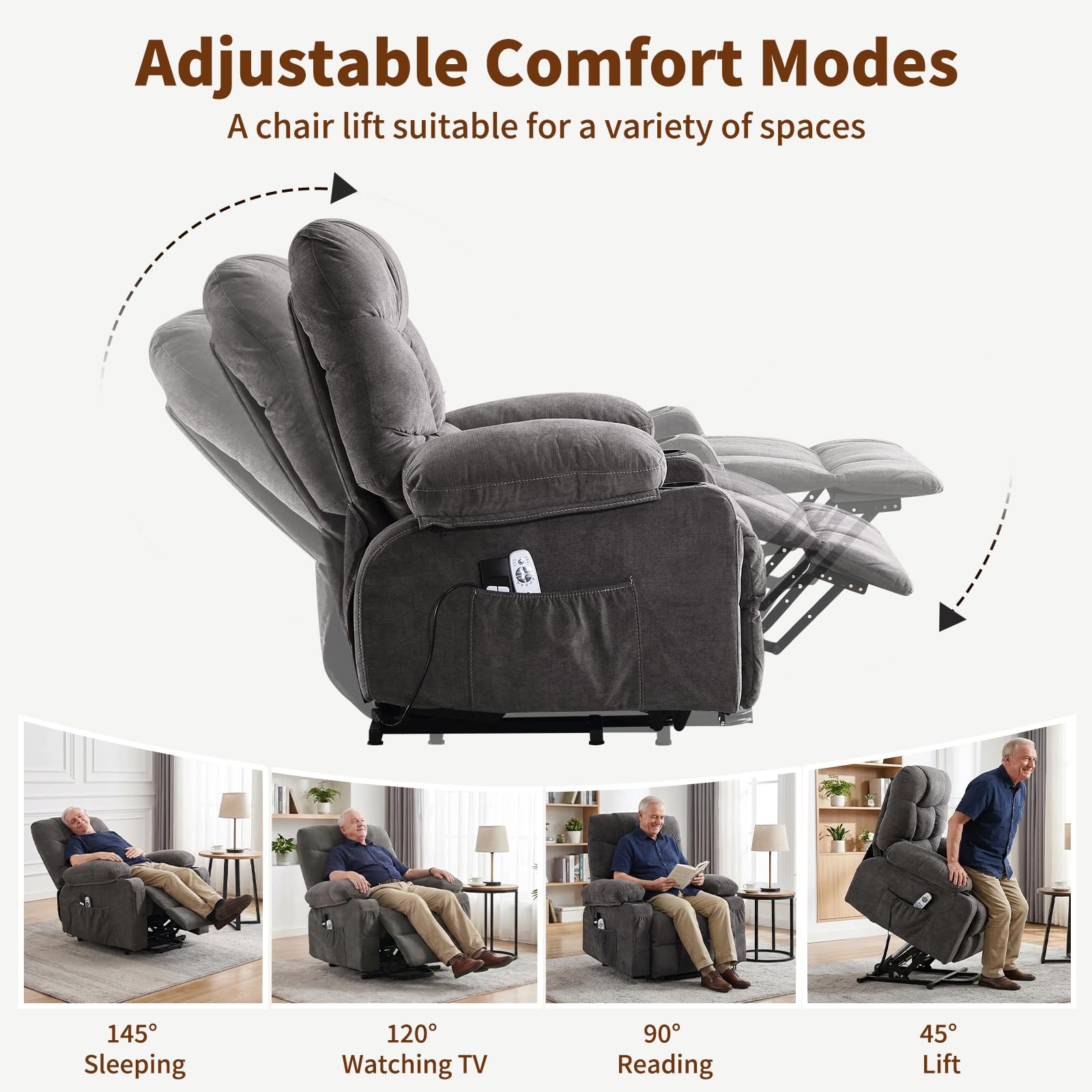 PoteSoar Power Lift Recliner Chair for Elderly with Massage and Heat, Comfortable Electric Power Reclining Chair with Side Pockets,2 Cup Holders and USB Charging Port for Living Room (Grey)