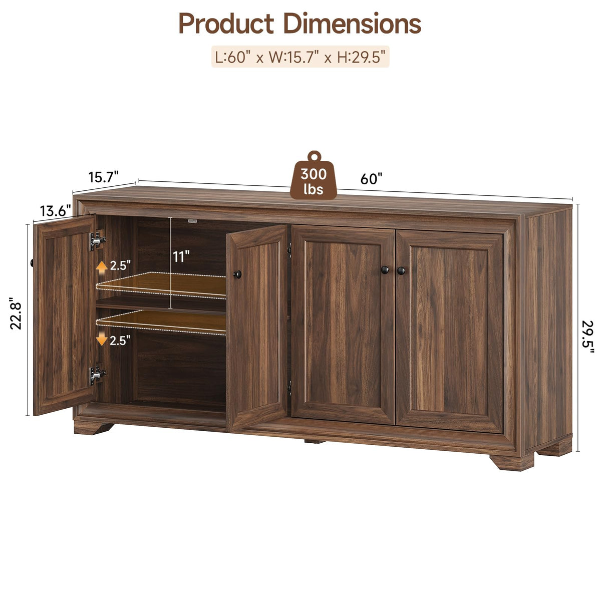 ONBRILL 60" Buffet Cabinet with Storage, 4 Doors & Adjustable Shelves Brown