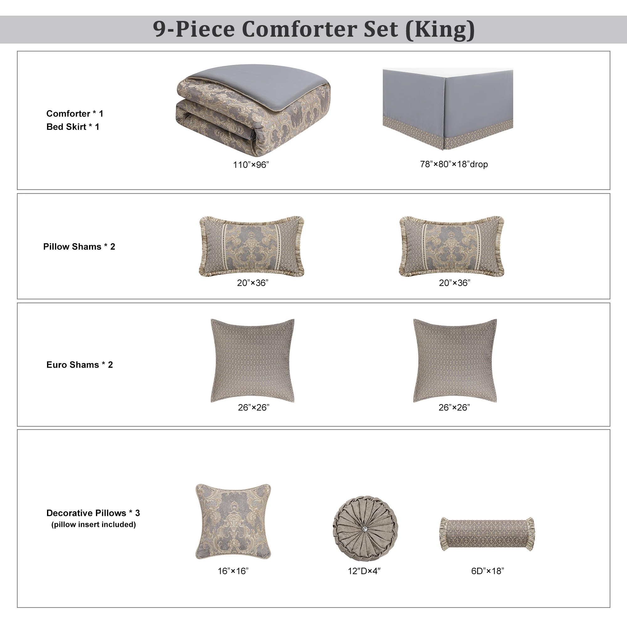 9-Piece Jacquard Comforter Set – Damask, Gray & Beige Brown