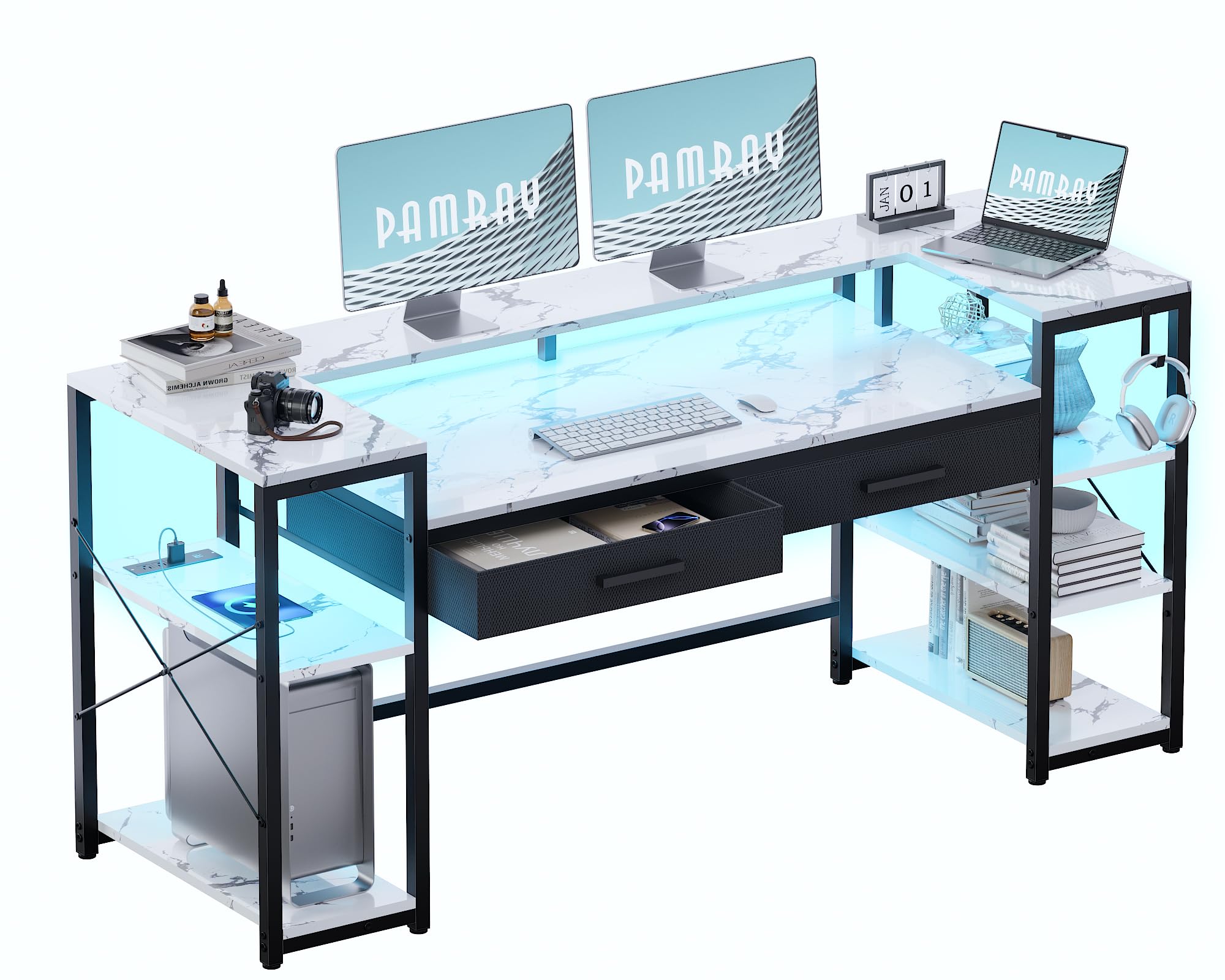 Pamray 58 Inch Computer Desk with Monitor Stand and Shelves Gaming Desk with LED Lights & Power Outlets PC Vanity Table with 2 Drawers for Home Office Marble