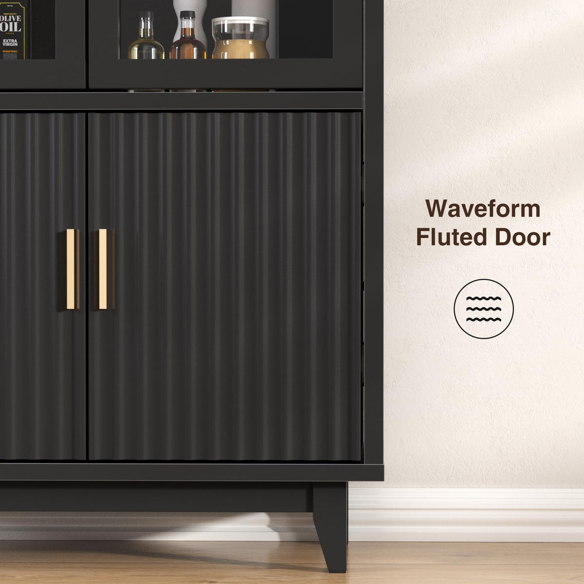 FiveWillowise Kitchen Pantry Cabinet with Glass Doors, Arched Design, Black