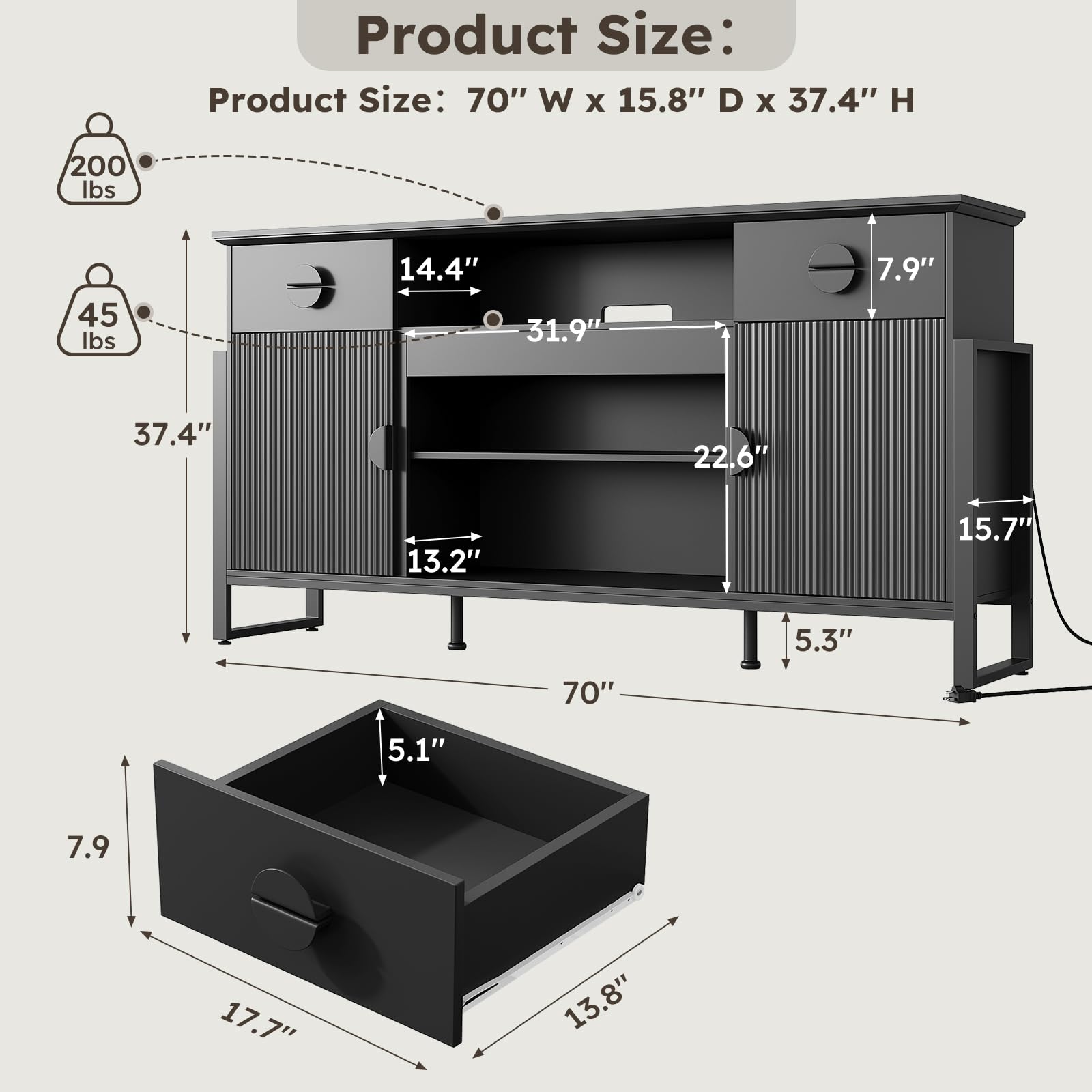 LGHM 70'' Fluted TV Stand with Power Outlets, Stylish Modern Entertainment Center with Drawers for TVs Up to 80”, 38'' Tall TV Stand, Media Console for Living Room, Metal Legs Design, Black
