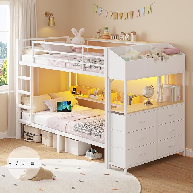 Twin Bunk Bed with Storage & LED Lights