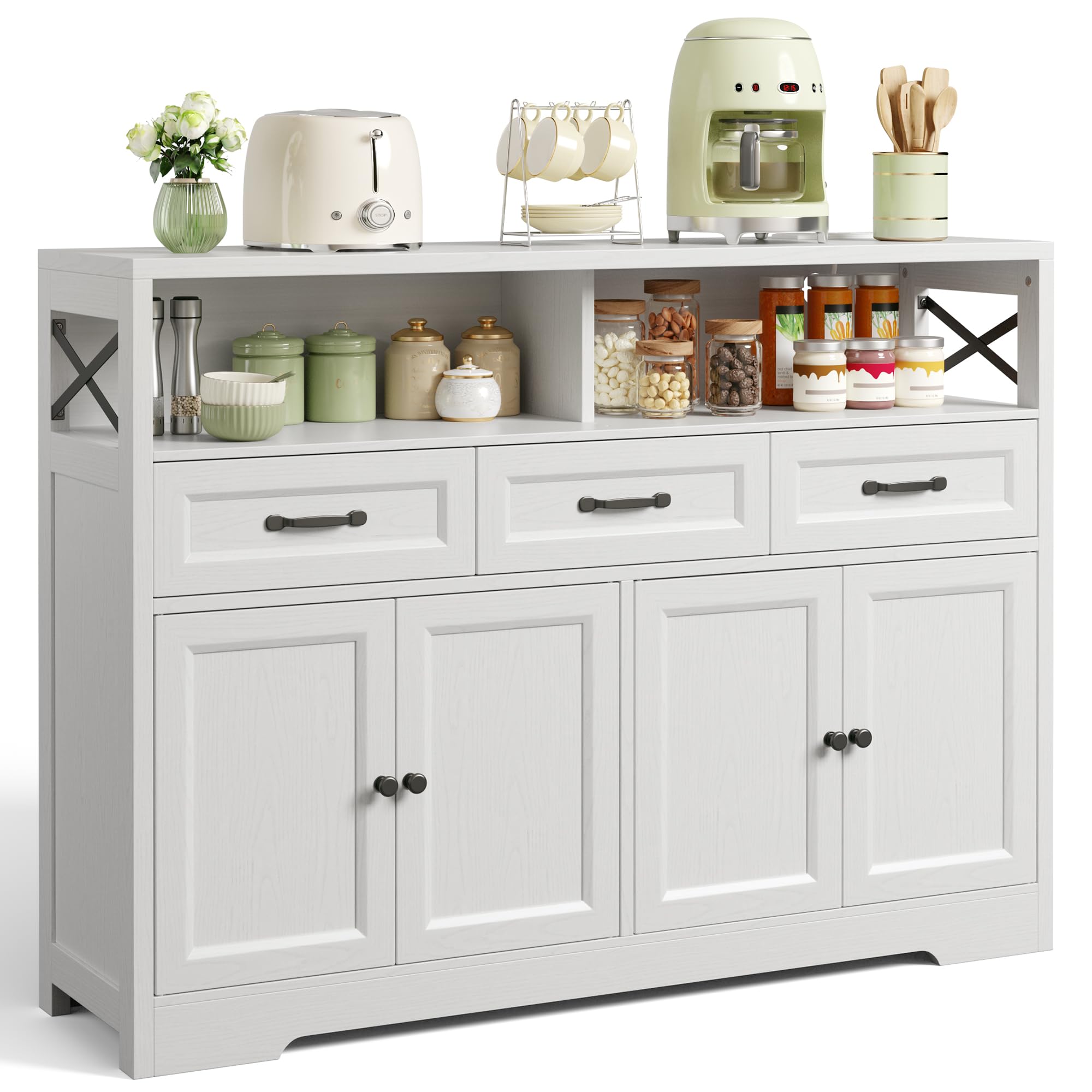 Ahomly 51" Buffet Cabinet with Adjustable Storage, Charging Port - 3 Drawers & 4 Doors Large Sideboard, Multi - Scene Coffee Bar/Microwave Stand for Kitchen,Living Room,Entryway（White）