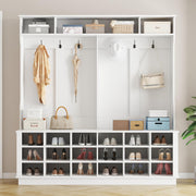 Hall Tree with Bench & Shoe Storage – 6 Double Hooks, Adjustable Shelves, White