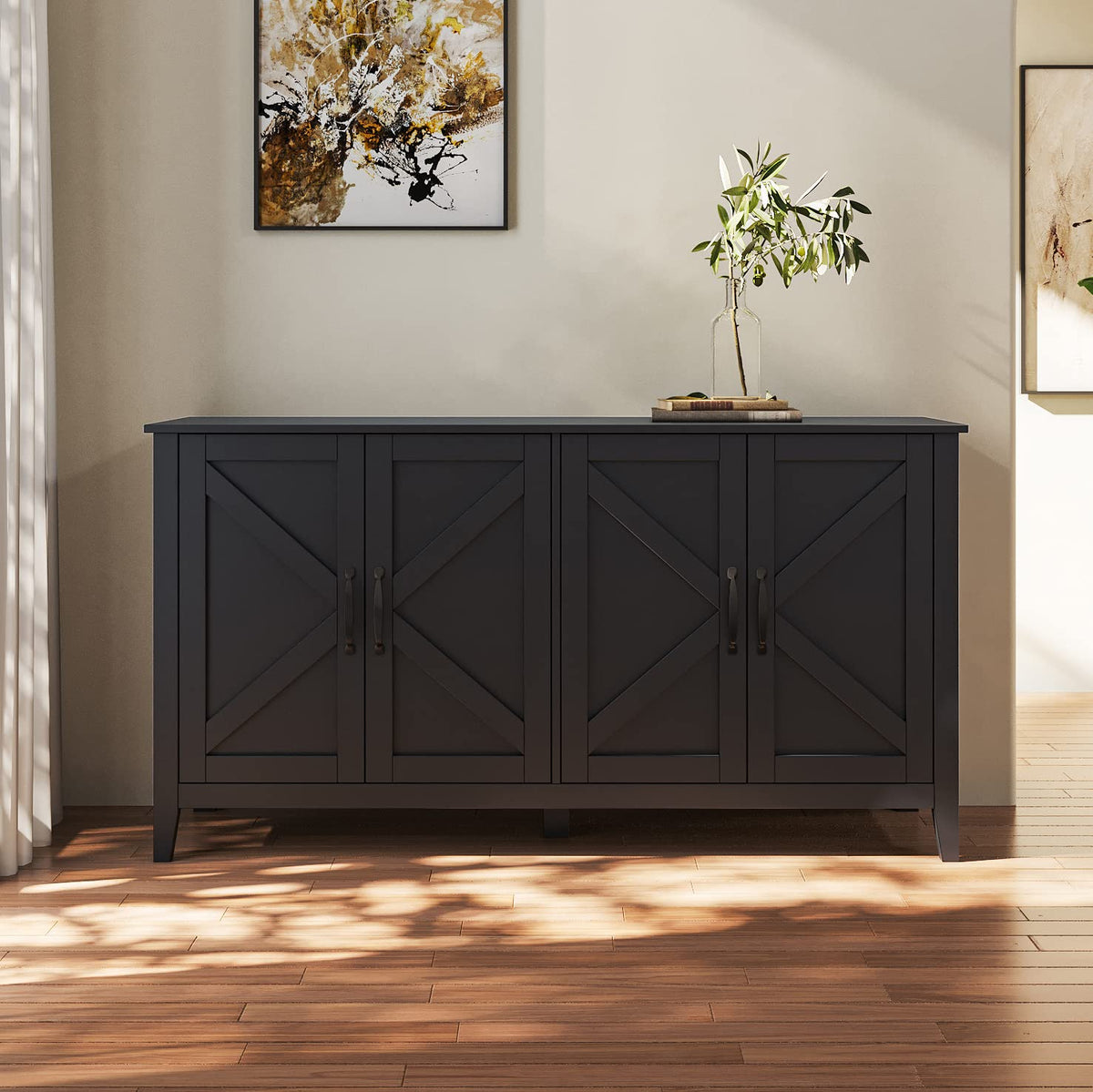 Goujxcy Wood Buffet Sideboard Server Storage Cabinet Console Table with 4 Doors Storage and Adjustable Shelves, 59'' Farmhouse Distressed Decorative Cabinet Cupboard for Entryway Kitchen Dining Room