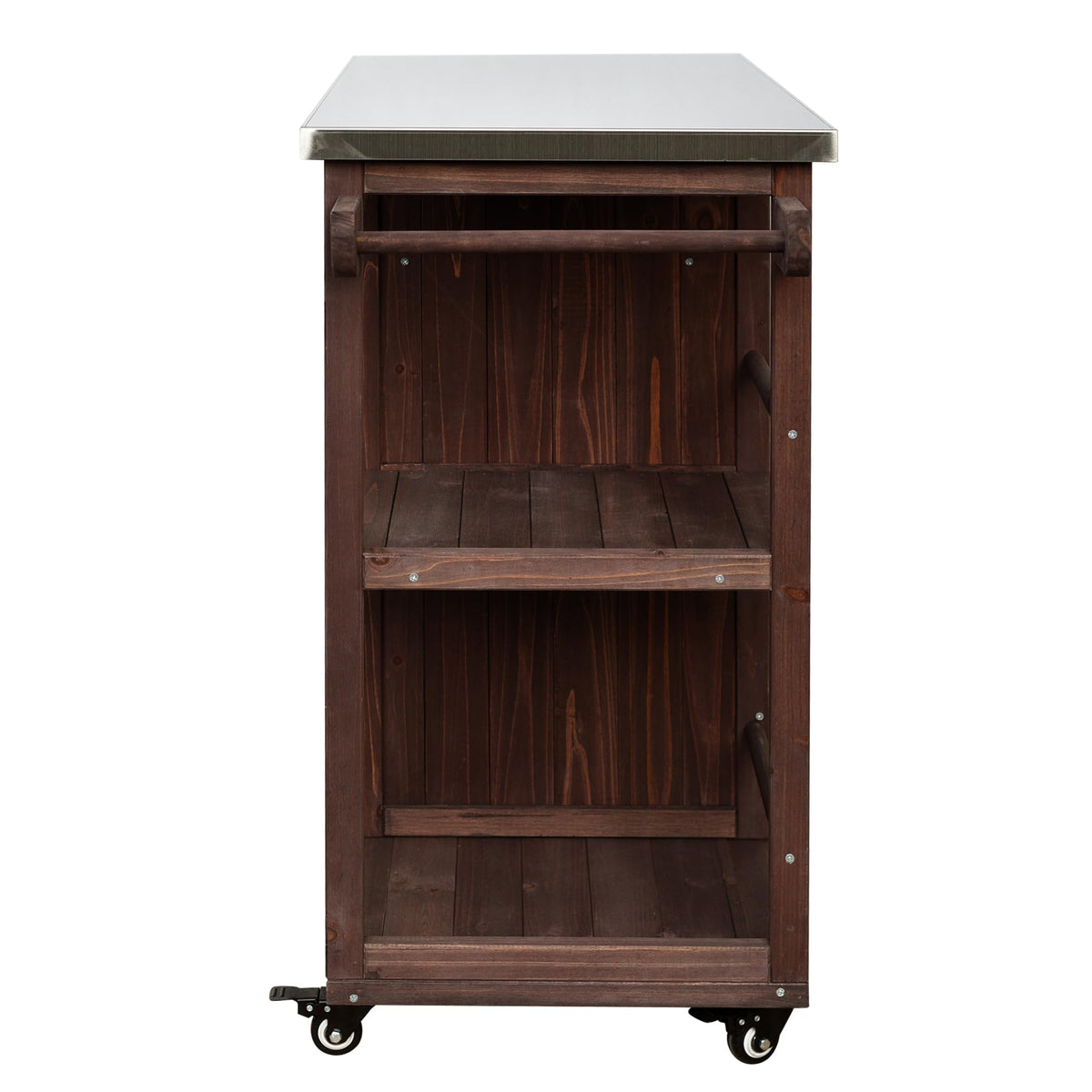 P PURLOVE Outdoor Kitchen Island, Fir Wood Prep Station with Stainless Top, Ample Storage Space, Towel and Spice Racks for Patio and Outdoor, Dark Brown
