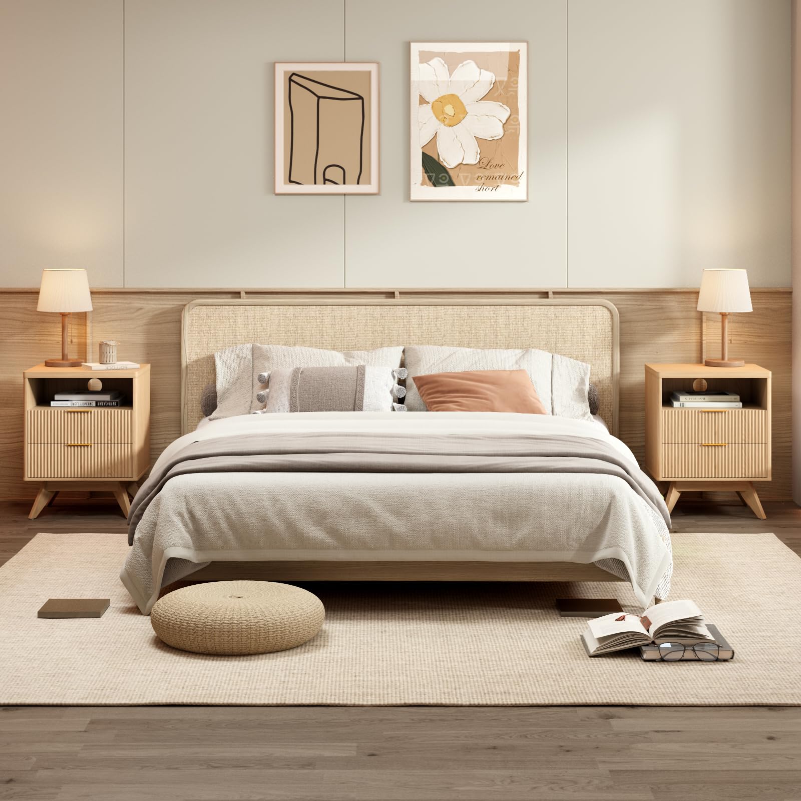 Fluted Nightstand Set of 2 with Drawer & Open Shelf