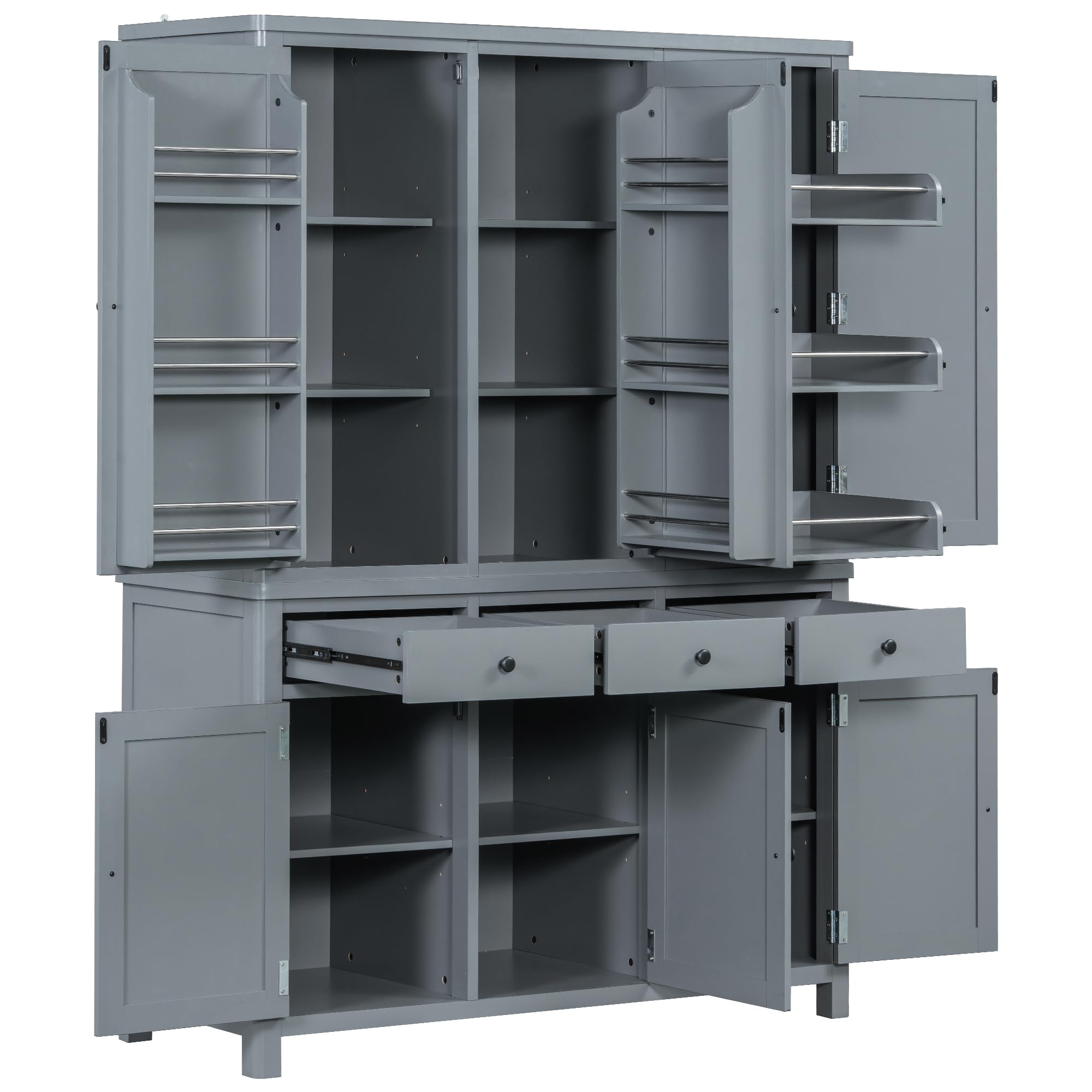 Merax 74.8'' Tall Kitchen Pantry Storage Cabinet with 6 Doors, 3 Drawers and Adjustable Shelves, Freestanding Large Cupboard & Pull-Out Trays for Kitchen, Dining Room, Living Room, Gray