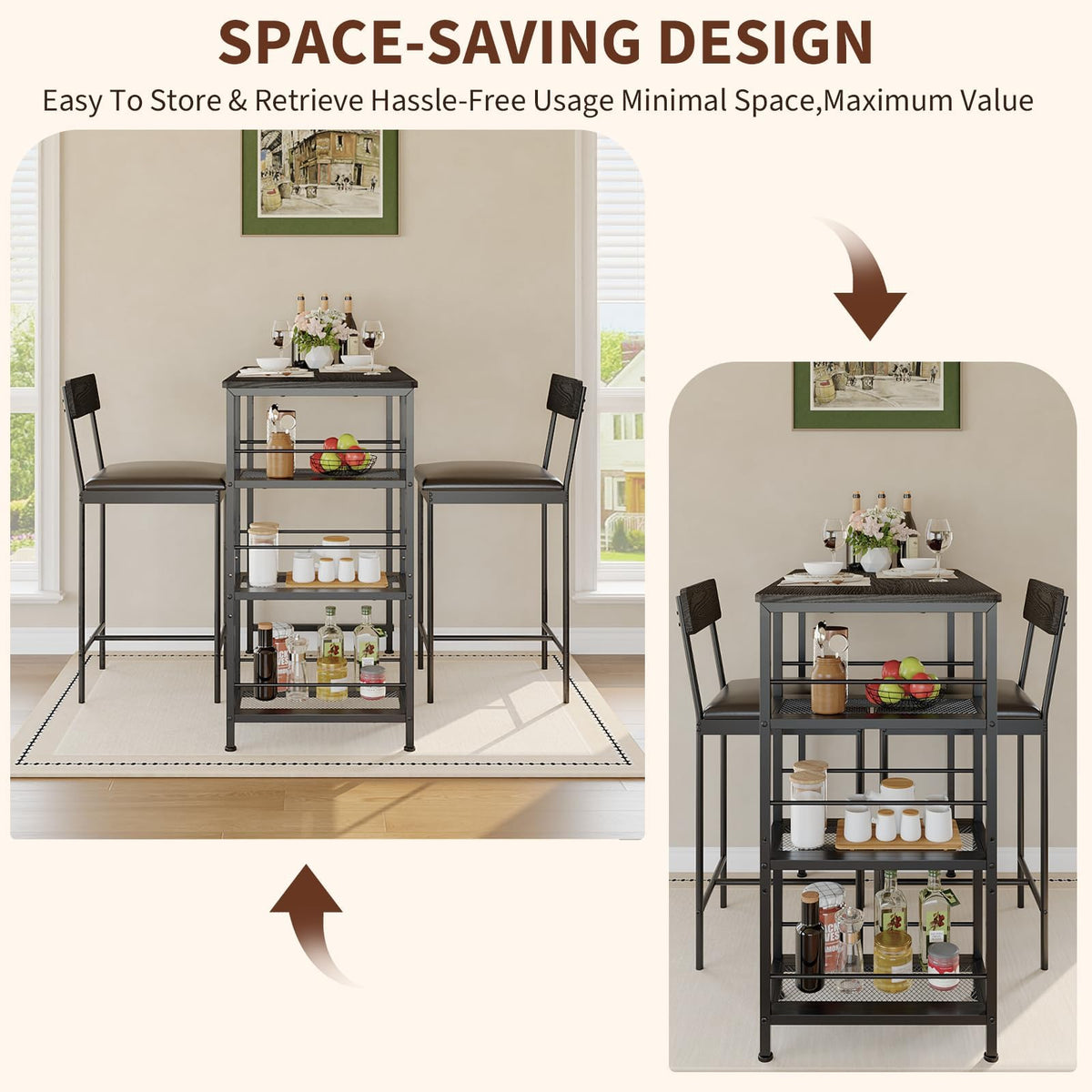3-Piece Counter Height Dining Set for 2, Small Space Pub Table with 2 Upholstered High-Back Stools, Narrow Kitchen Bar Table with 3-Tier Storage Shelf, Industrial Dining Set for Breakfast Nook