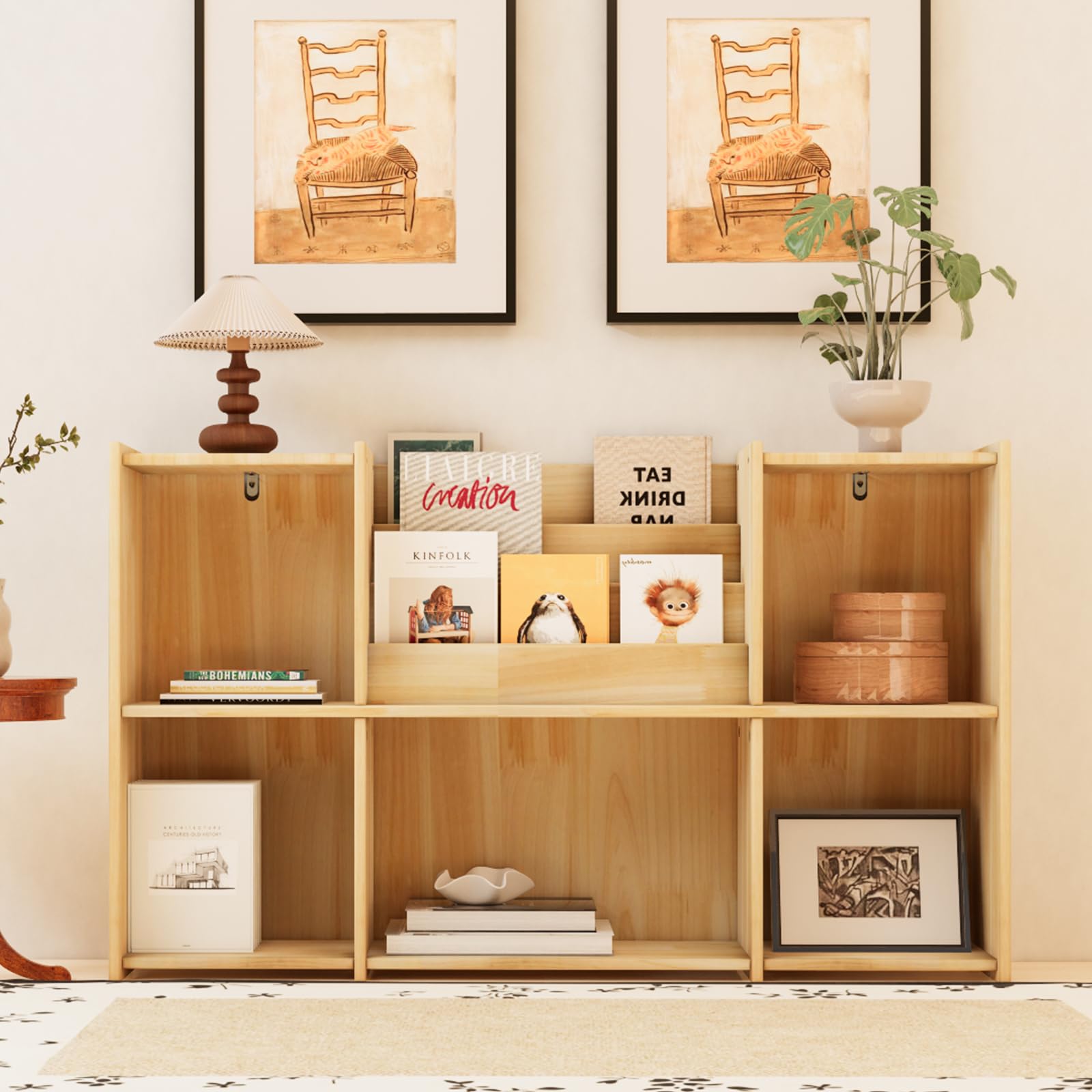 Chyanmoo Wooden Bookshelf, 2 Tier Low Profile Horizontal Bookcase with Storage Organizer, FSC Certified Wood, Space Saving Display Shelf for Living Room, Bedroom, Home Office