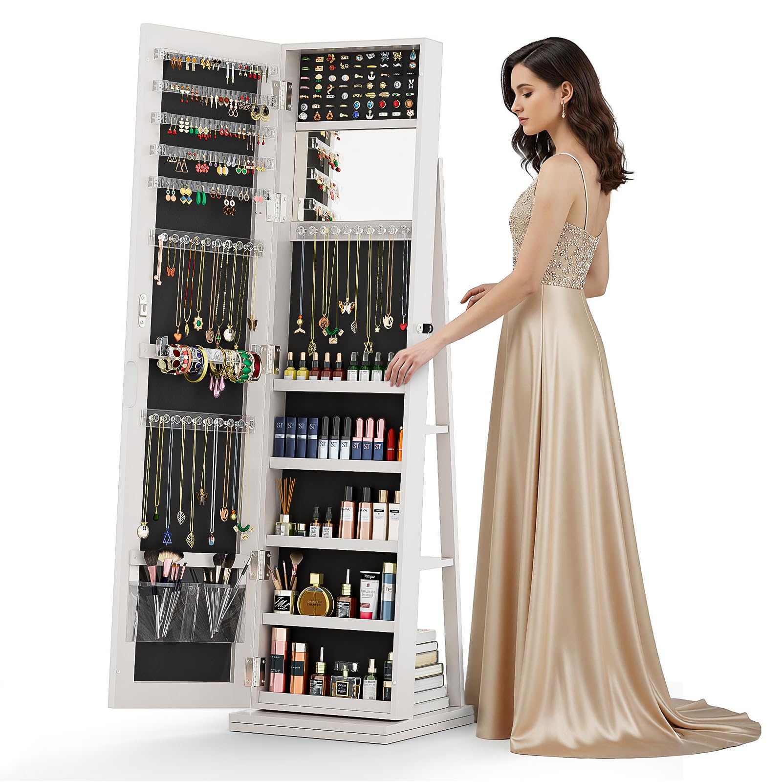 Lockable Jewelry Armoire with Full-Length Mirror