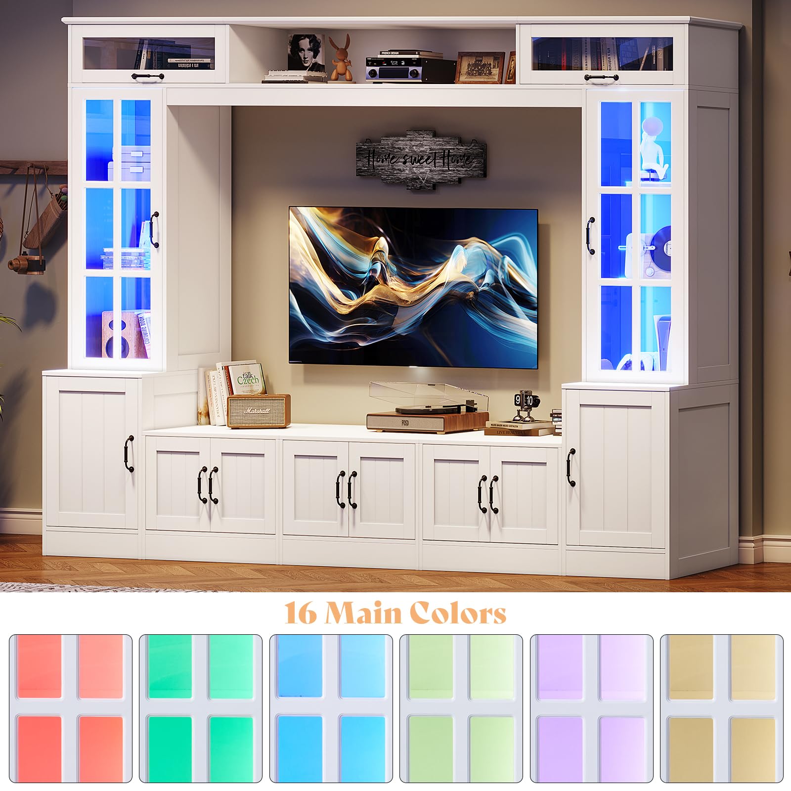 AMERLIFE 98" W Wall Unit TV Stand with Storage for TVs up to 80", Modern TV Console with LED Lights, Entertainment Center with Bookshelves for Living Room, White