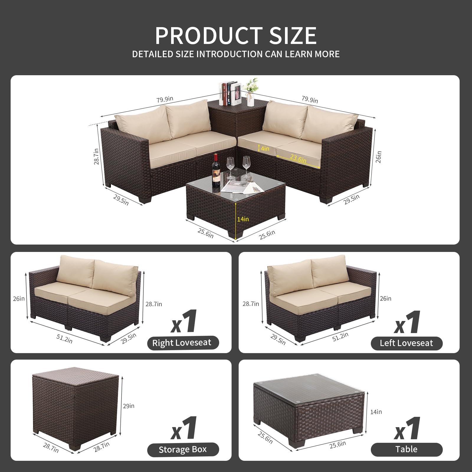 4-Piece Outdoor Wicker Sectional Sofa Set with Storage Box & Glass Top Table