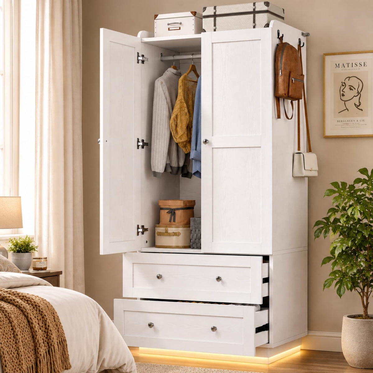 IRONCK Wardrobe Closet with Mirror, Drawers and LED Lights, White