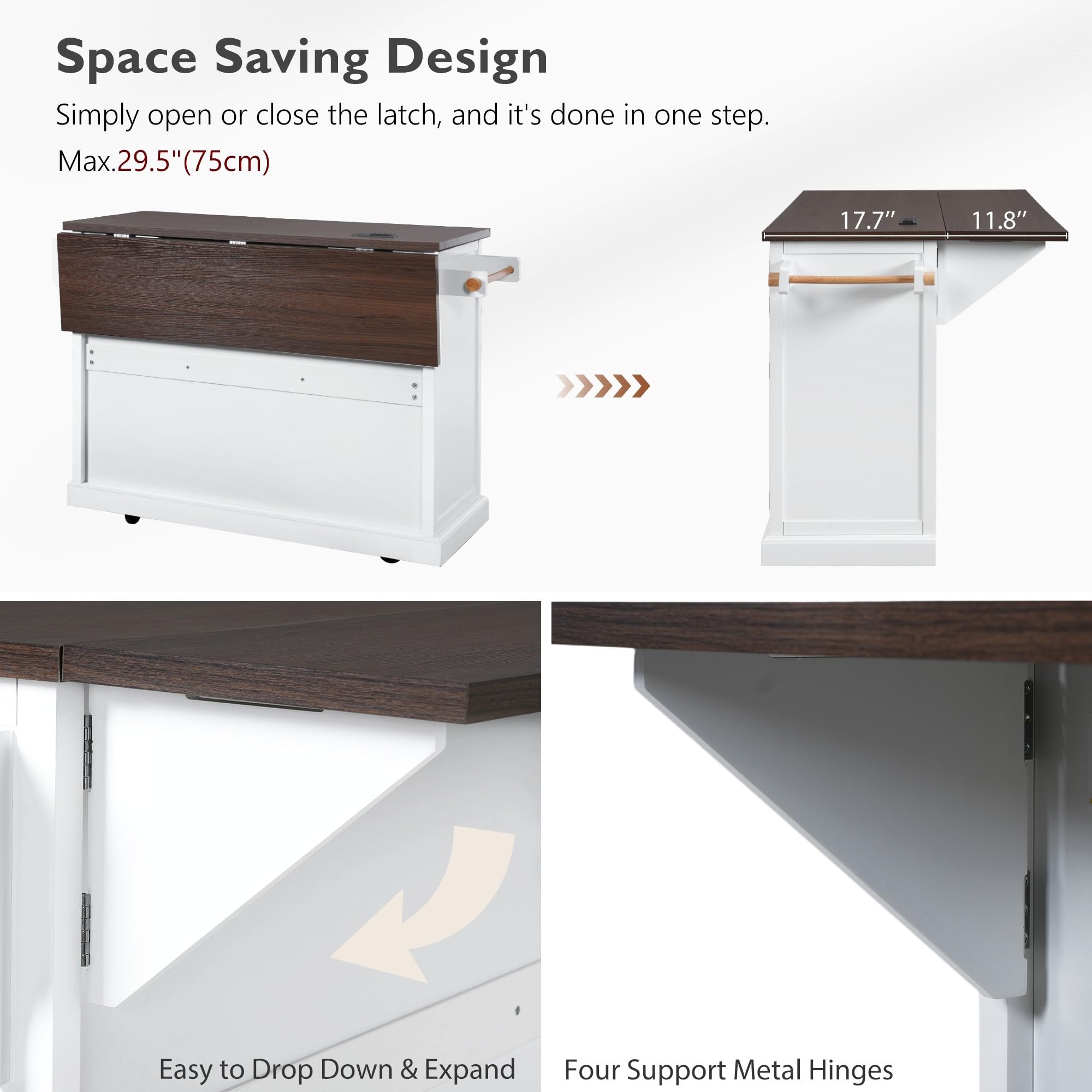 PurityVow 54.9" Rolling Kitchen Island with Drop Leaf, Power Outlet, Kitchen Storage Cart with 4 Door Shelves, Cross Barn Doors & Visual Glass Door, Kitchen Island Table On Wheels for Kitchen (White)