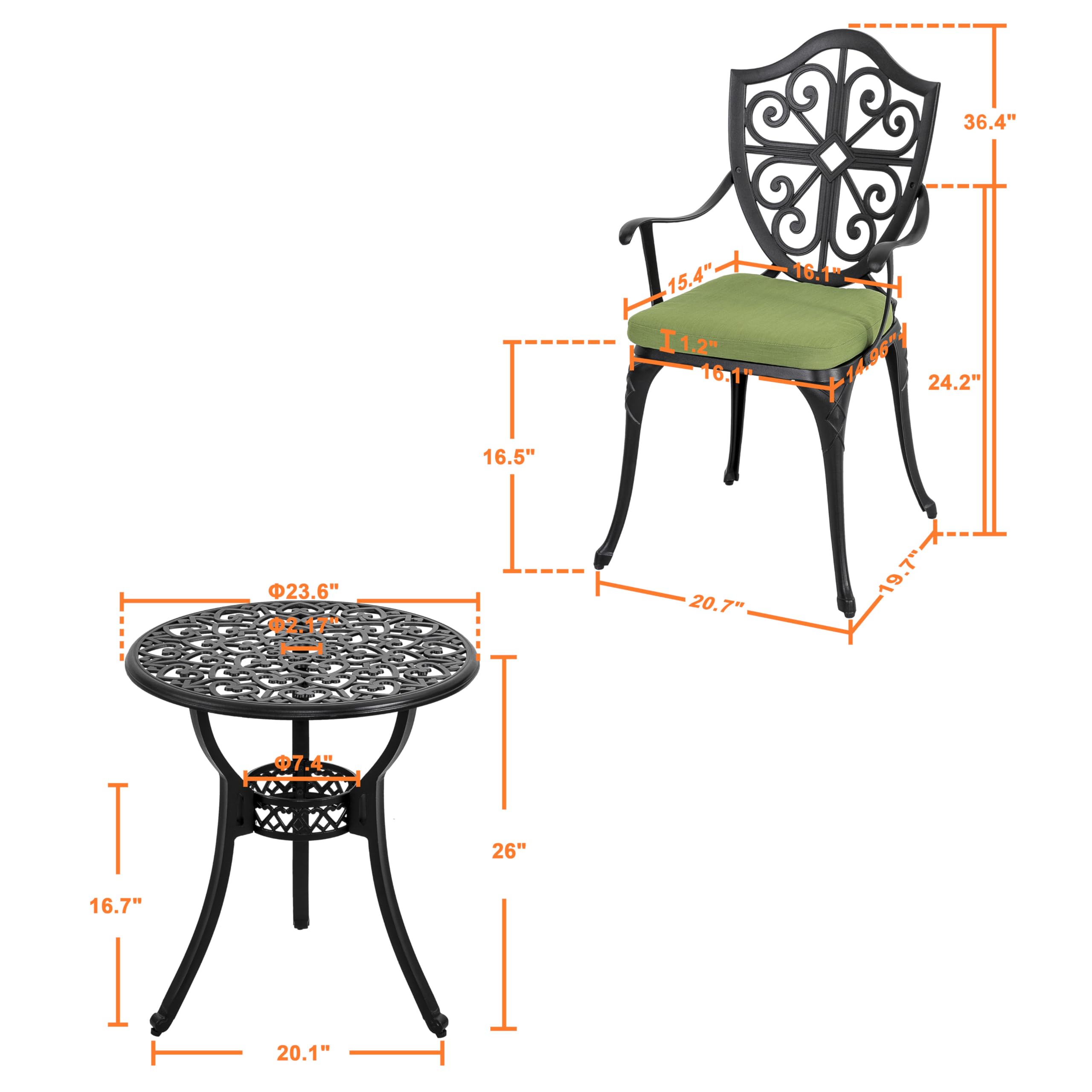 Outdoor 3-Piece Cast Aluminum Bistro Set with Cushions