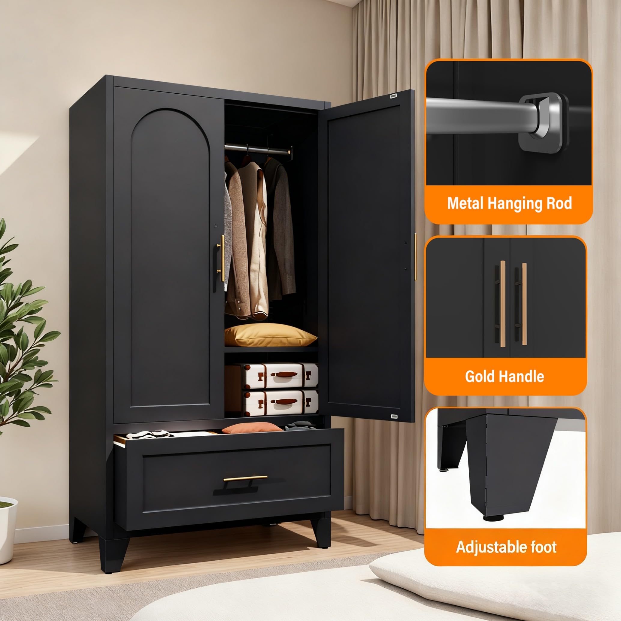 Steel Wardrobe Cabinet with Drawer, Hanging Rod & 2 Doors