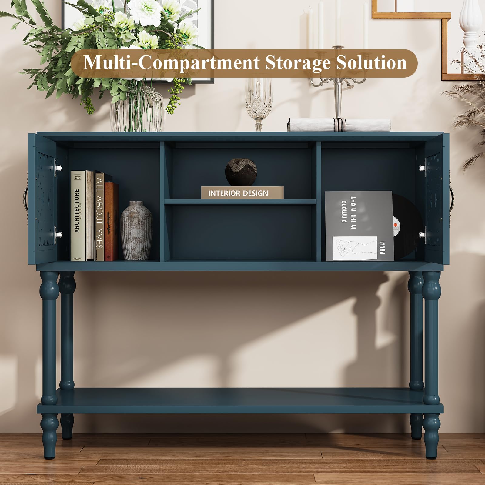 Vintage Console Table with Hand-Carved Doors
