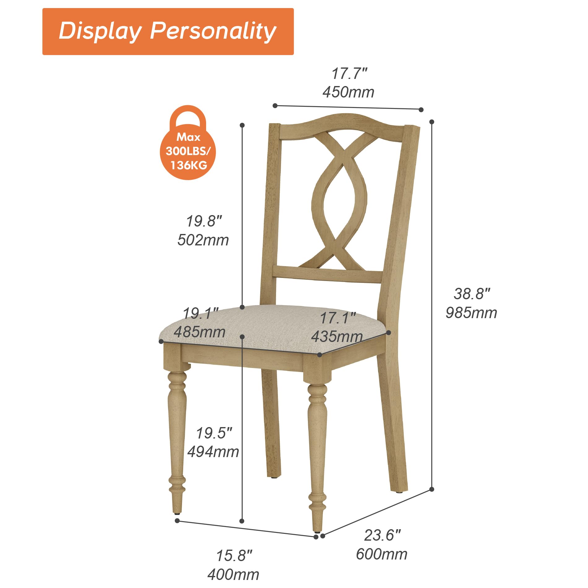 WAMPAT Dining Chairs Set of 2 Upholstered Chairs, Wood Dining Chair with Cross-Back & Rubber Wood Gourd-Shaped Leg, Farmhouse Kitchen Chair for Dining Room, Living Room, Oak