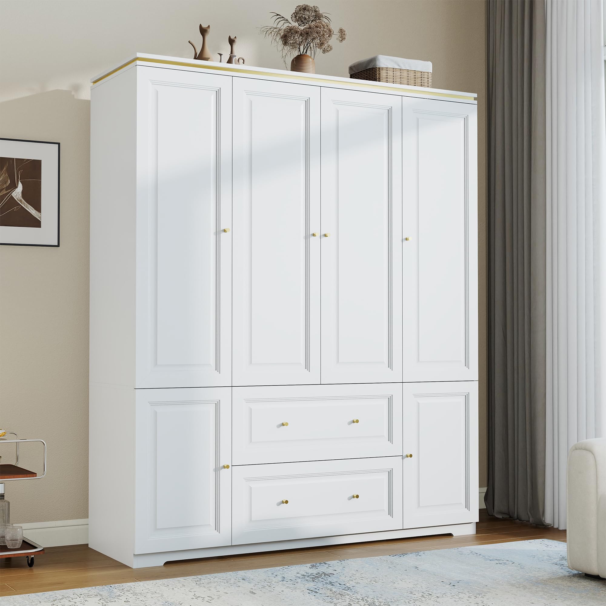 Wardrobe Closet with Drawers and Hanging Rod