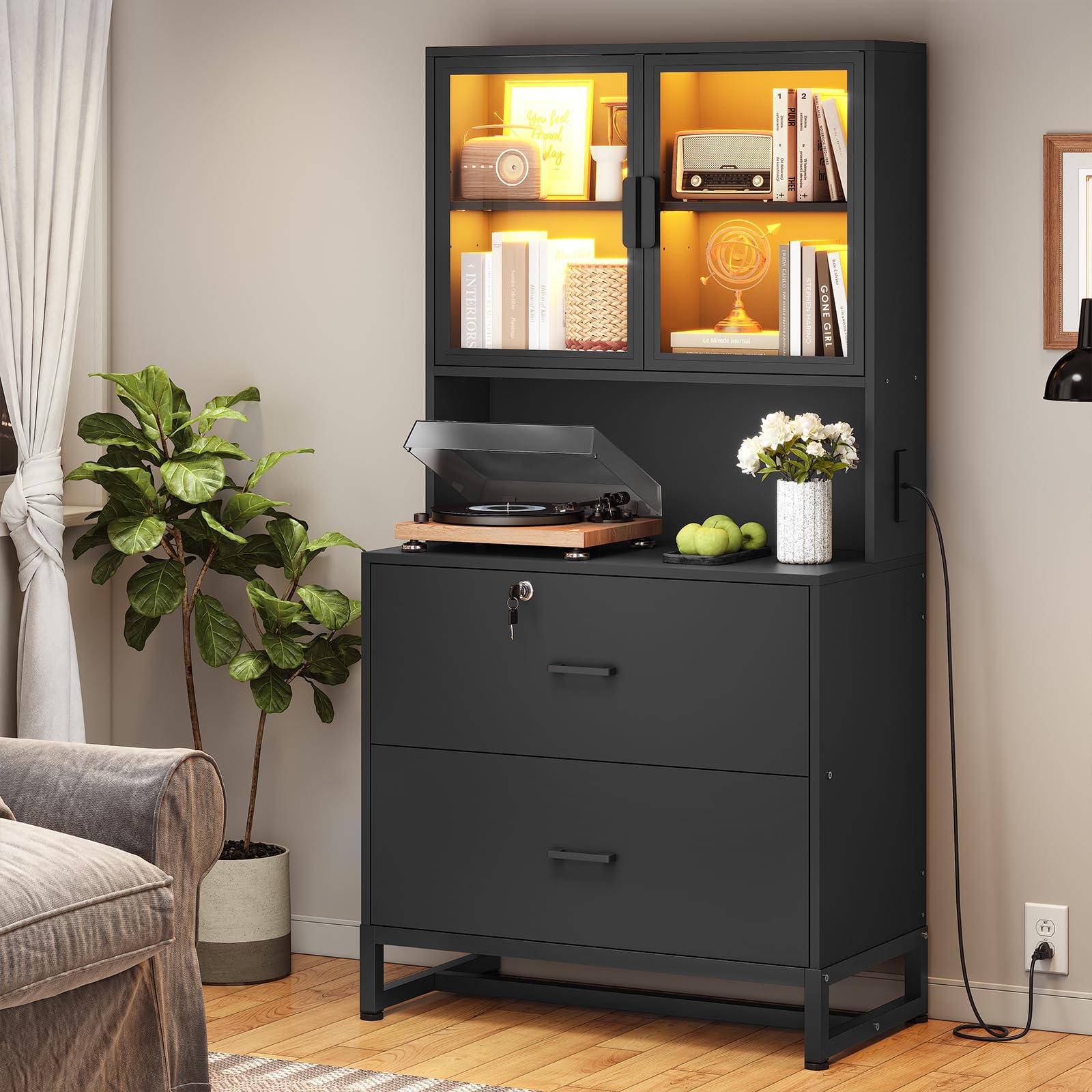 2-Drawer File Cabinet with Lock, Charging Station & Bookshelf