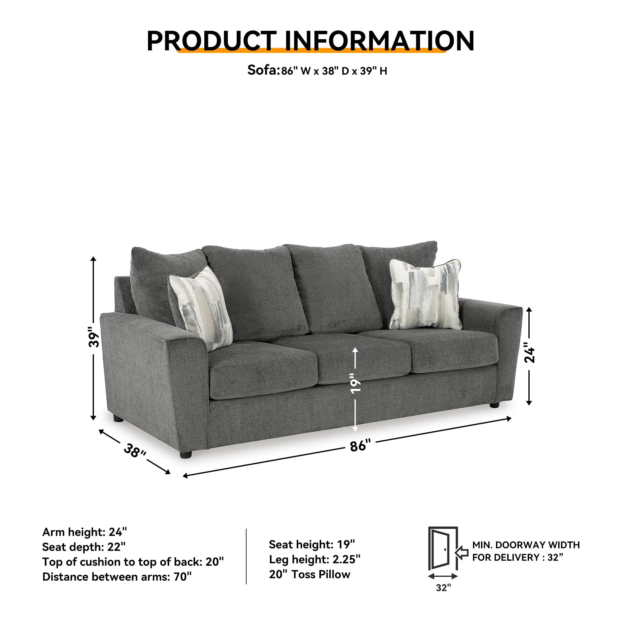Dark Gray Flared Arm Chenille Sofa