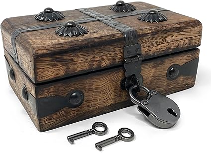Handcrafted Wooden Treasure Chest with Antique Iron Lock & Skeleton Key