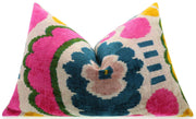 CANVELLO Handmade Velvet Lumbar Pillow 16"x24" in Bright Pink, Teal, and Yellow Floral Ikat Design with Premium Down Feather Insert
