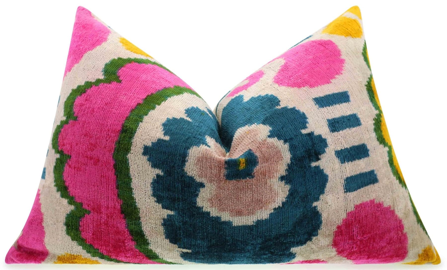 CANVELLO Handmade Velvet Lumbar Pillow 16"x24" in Bright Pink, Teal, and Yellow Floral Ikat Design with Premium Down Feather Insert