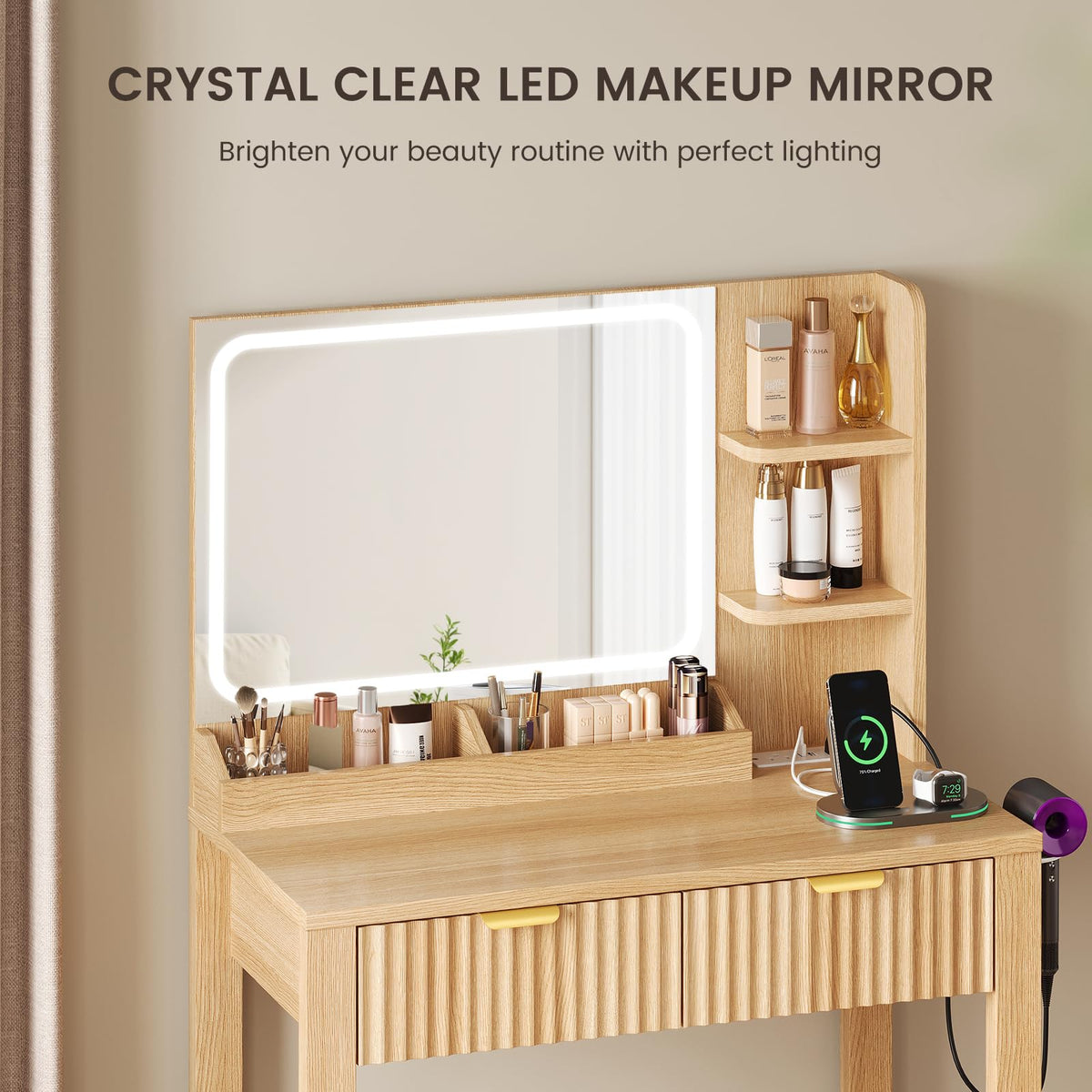 Fluted Vanity Desk with Mirror and Lights, 30.7" Small Makeup Vanity, Oak