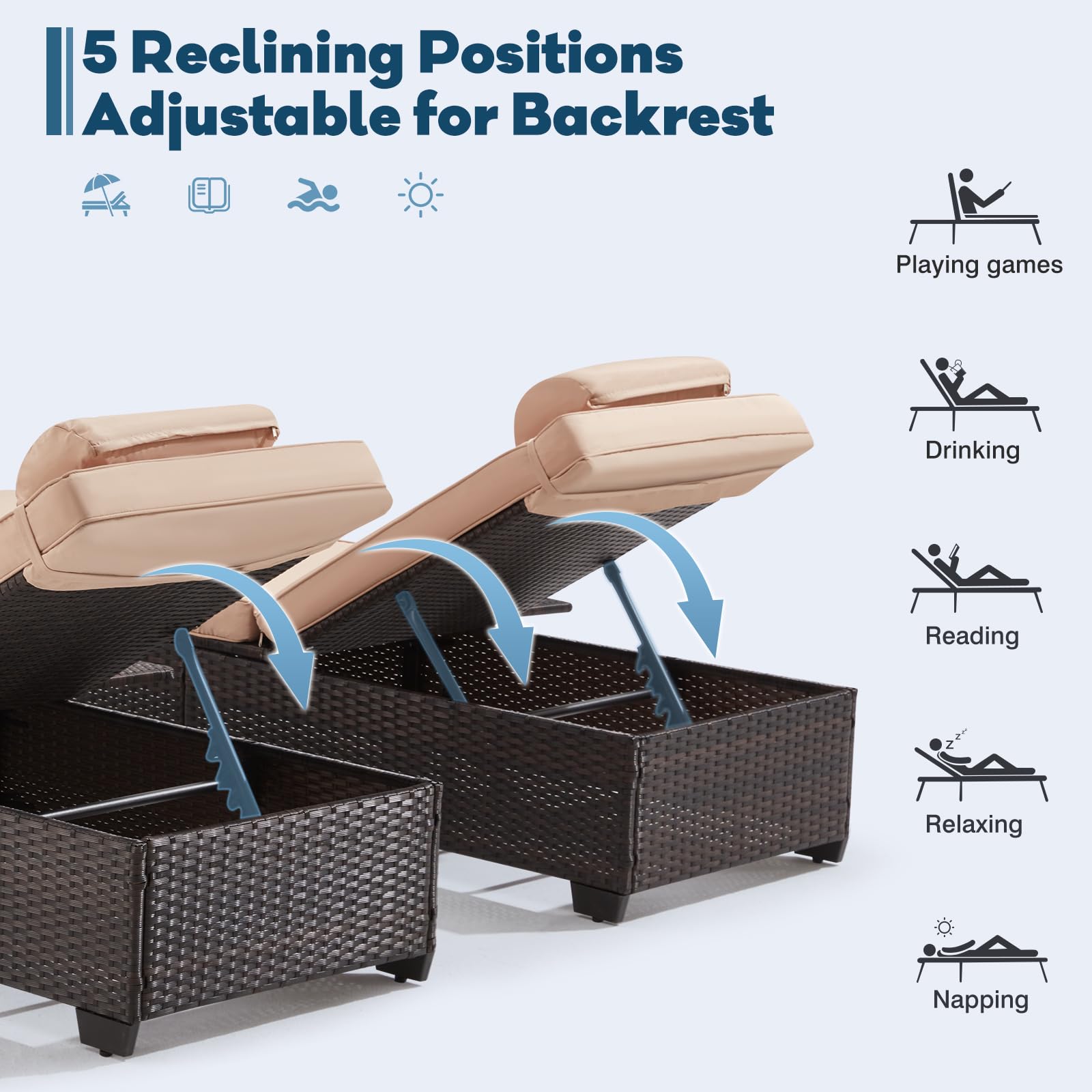 Outdoor Chaise Lounge Chairs Set of 2 with Adjustable Backrest