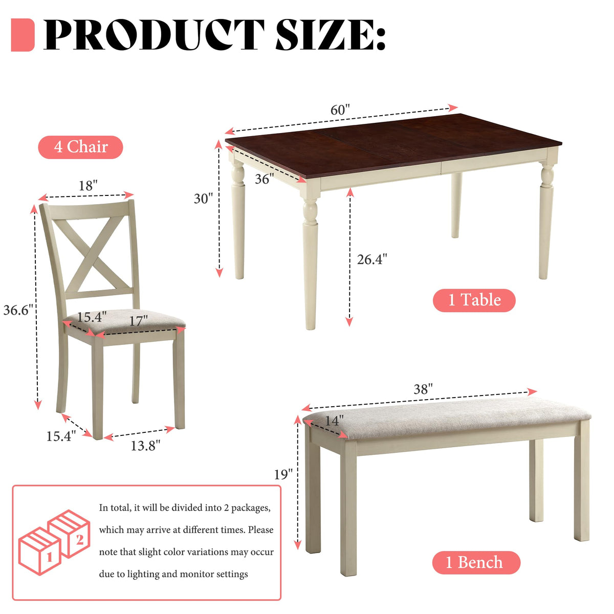 AMERLIFE 6 Piece Farmhouse Dining Table Set with 60" Solid Wood Table