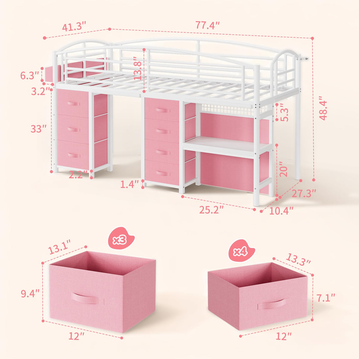 Low Loft Bed Twin Size with 7 Storage Drawers, Desk and LED Lights, Heavy Duty Metal Kids Loft Bed with 13.8" H Safety Guardrail, Anti-Collision Pad, Private Play Curtain, Under-Bed Play Space - Pink