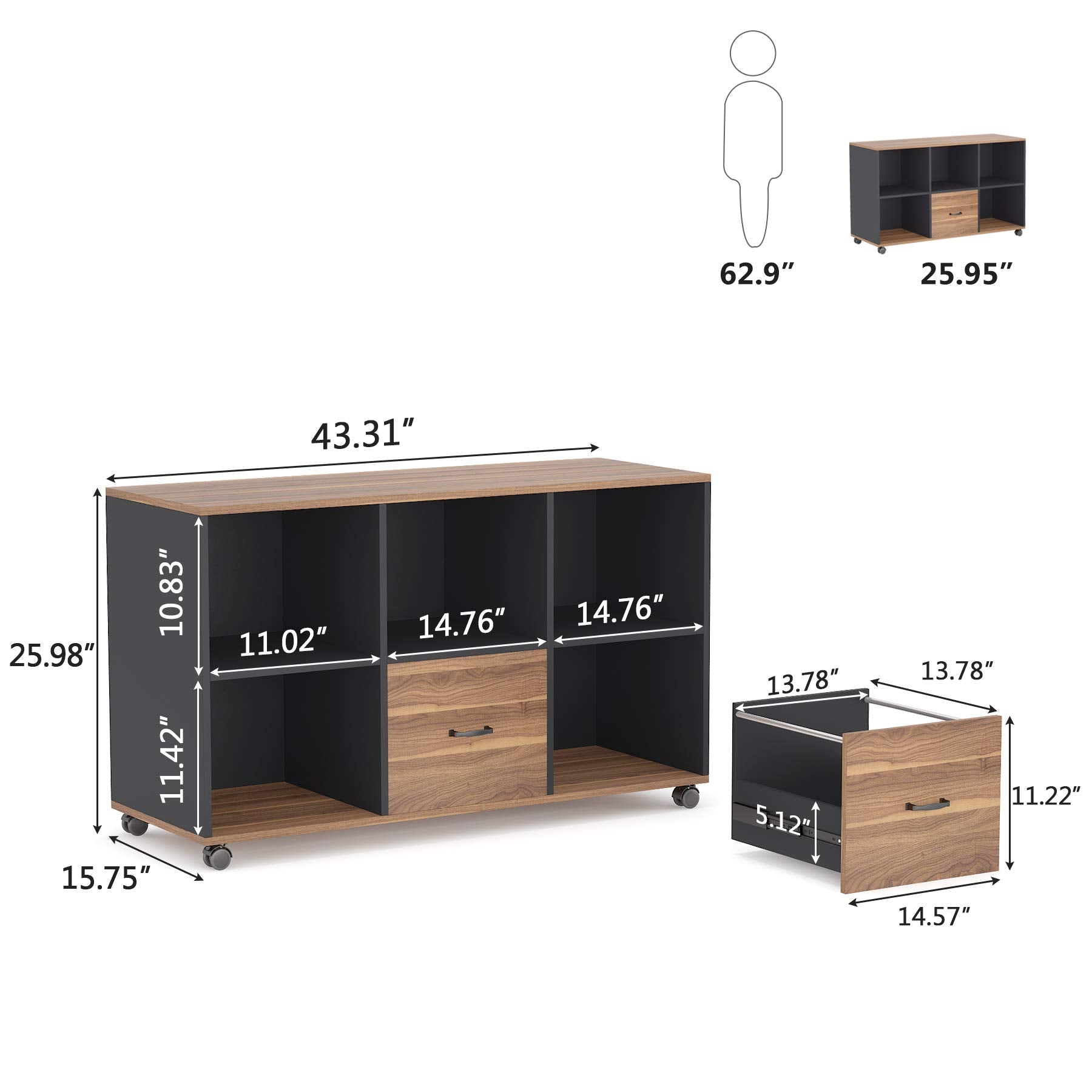 Mobile Lateral File Cabinet with 2 Drawers & Open Shelves